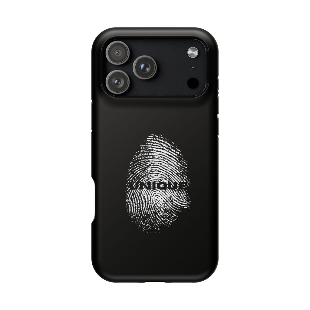 iPhone Case — Black Magnetic Impact-Resistant with Fingerprint Graphic & "Unique" Text