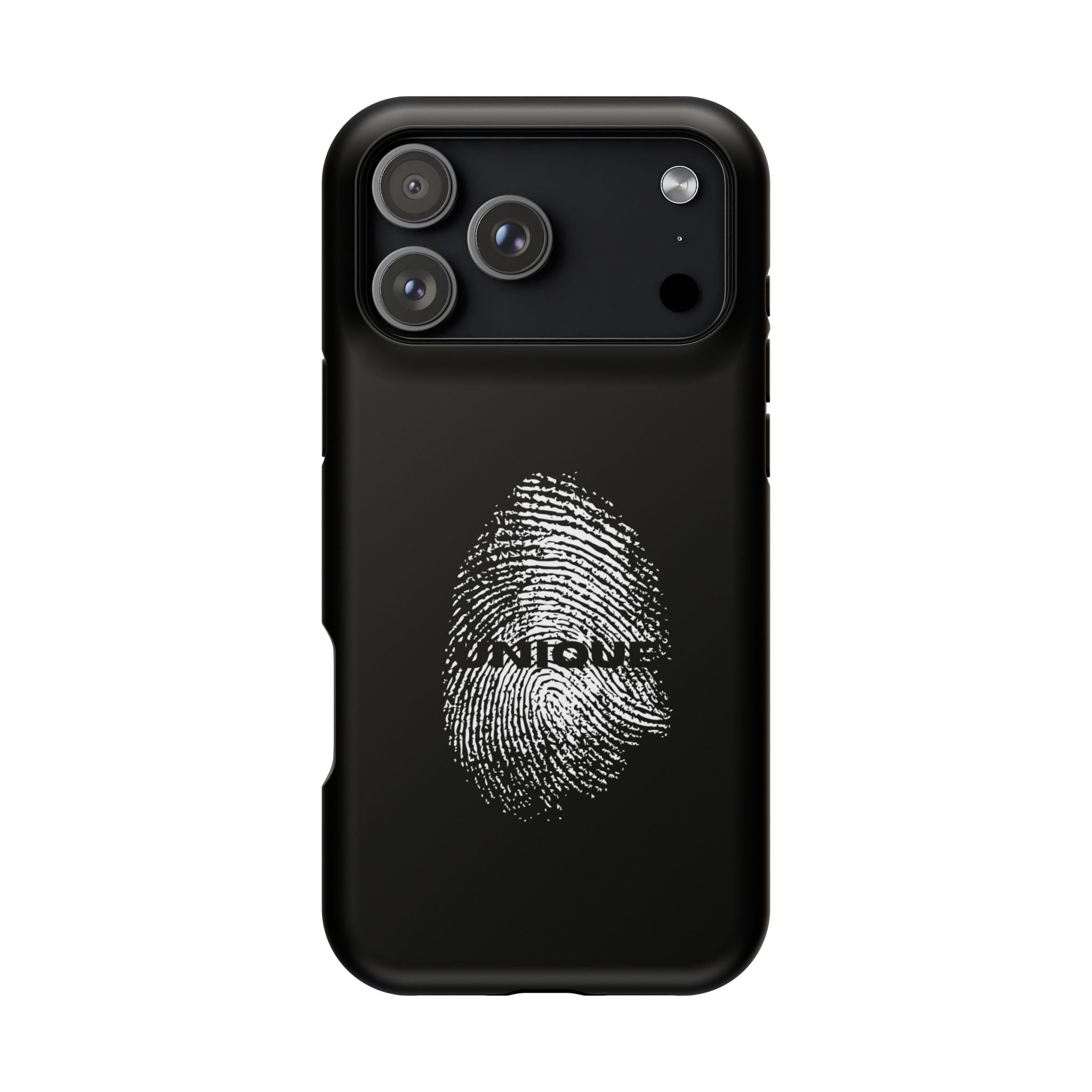 iPhone Case — Black Magnetic Impact-Resistant with Fingerprint Graphic & "Unique" Text