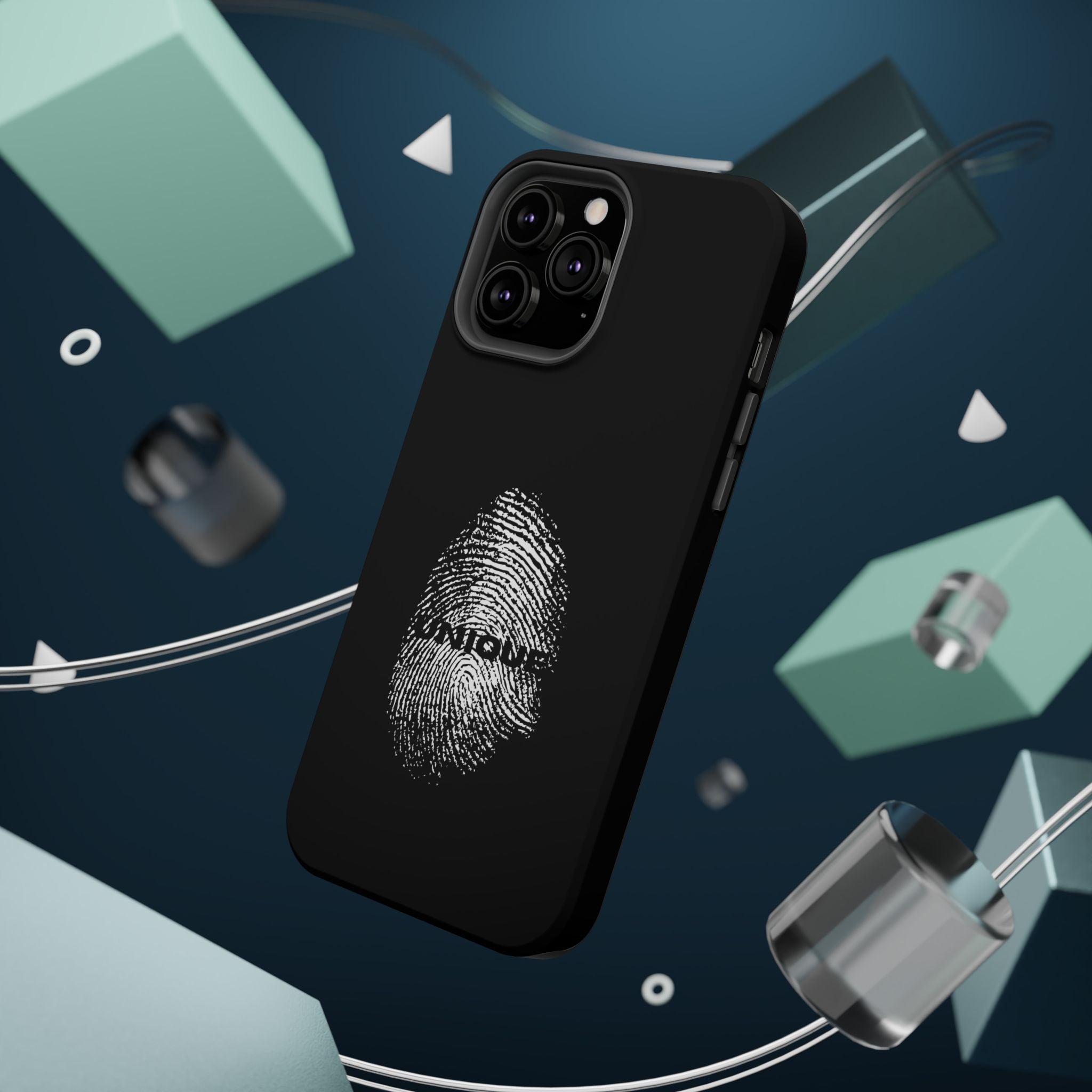 iPhone Case — Black Magnetic Impact-Resistant with Fingerprint Graphic & "Unique" Text
