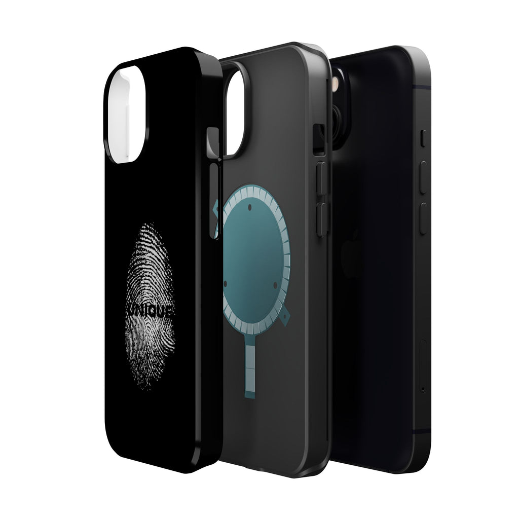 iPhone Case — Black Magnetic Impact-Resistant with Fingerprint Graphic & "Unique" Text