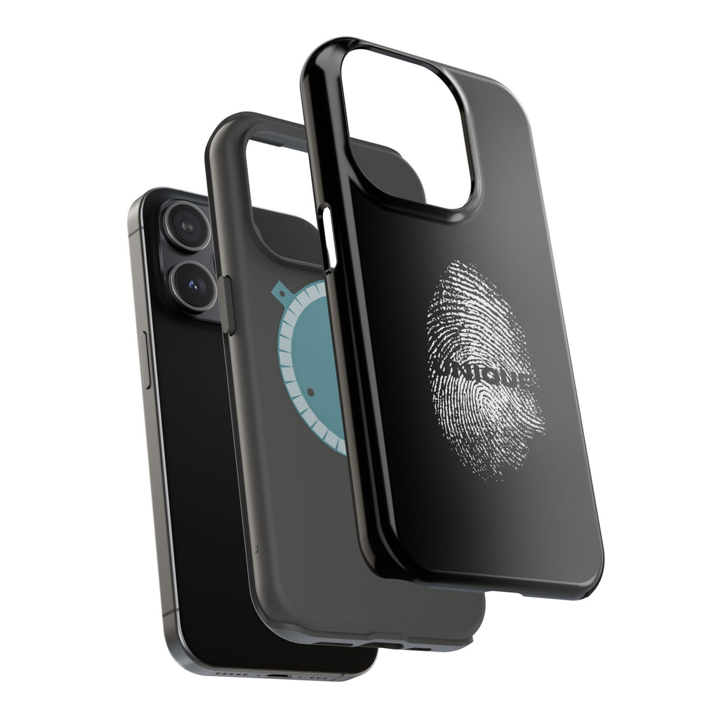 iPhone Case — Black Magnetic Impact-Resistant with Fingerprint Graphic & "Unique" Text