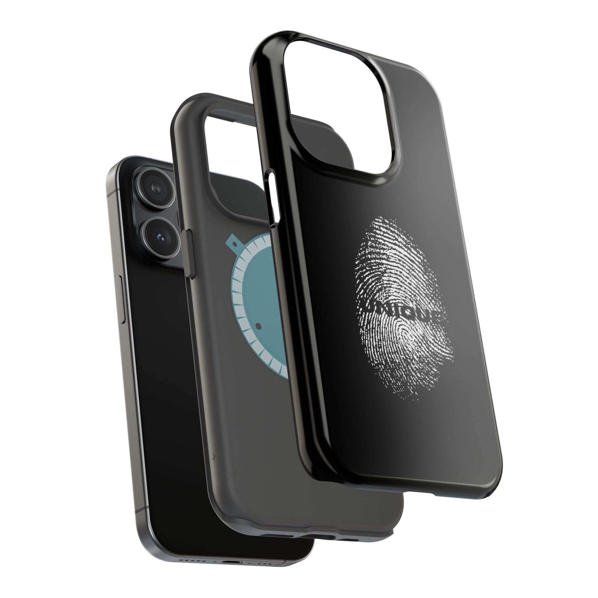 iPhone Case — Black Magnetic Impact-Resistant with Fingerprint Graphic & "Unique" Text