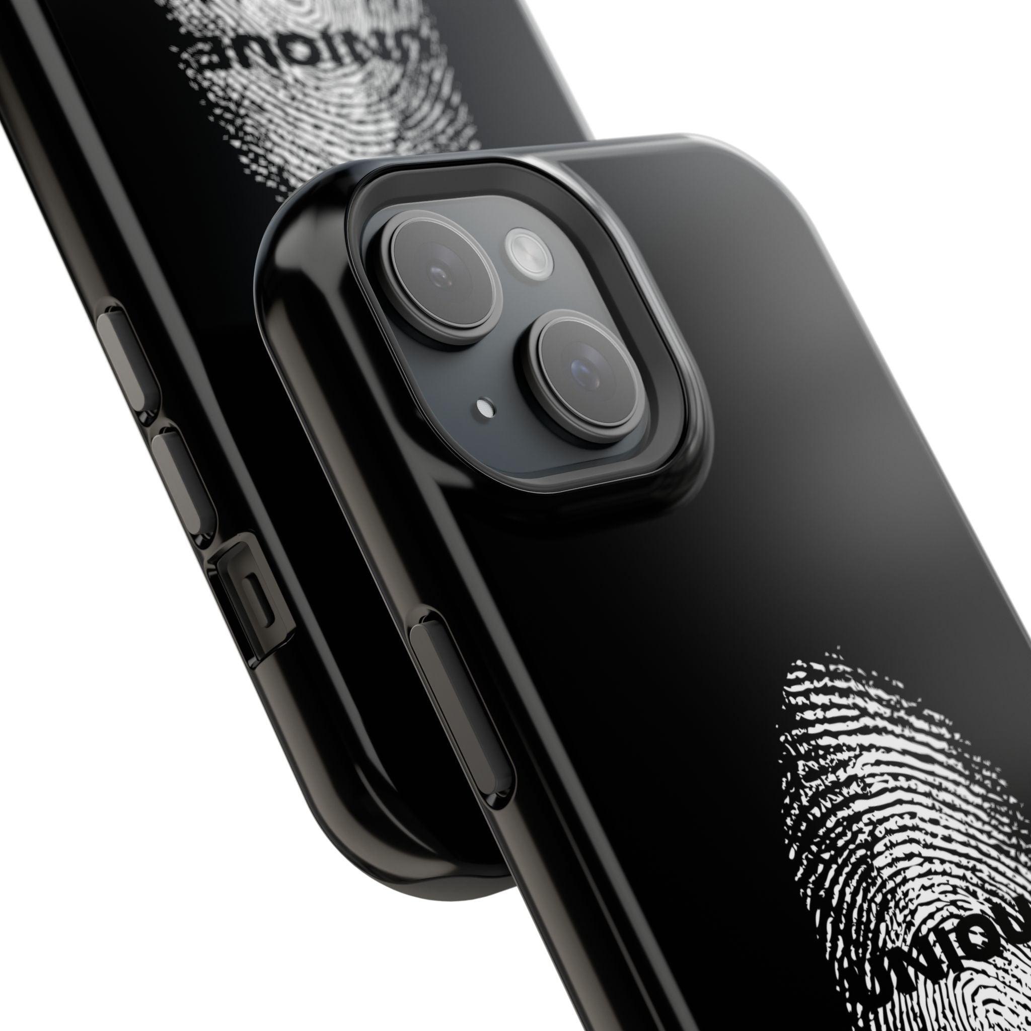 iPhone Case — Black Magnetic Impact-Resistant with Fingerprint Graphic & "Unique" Text