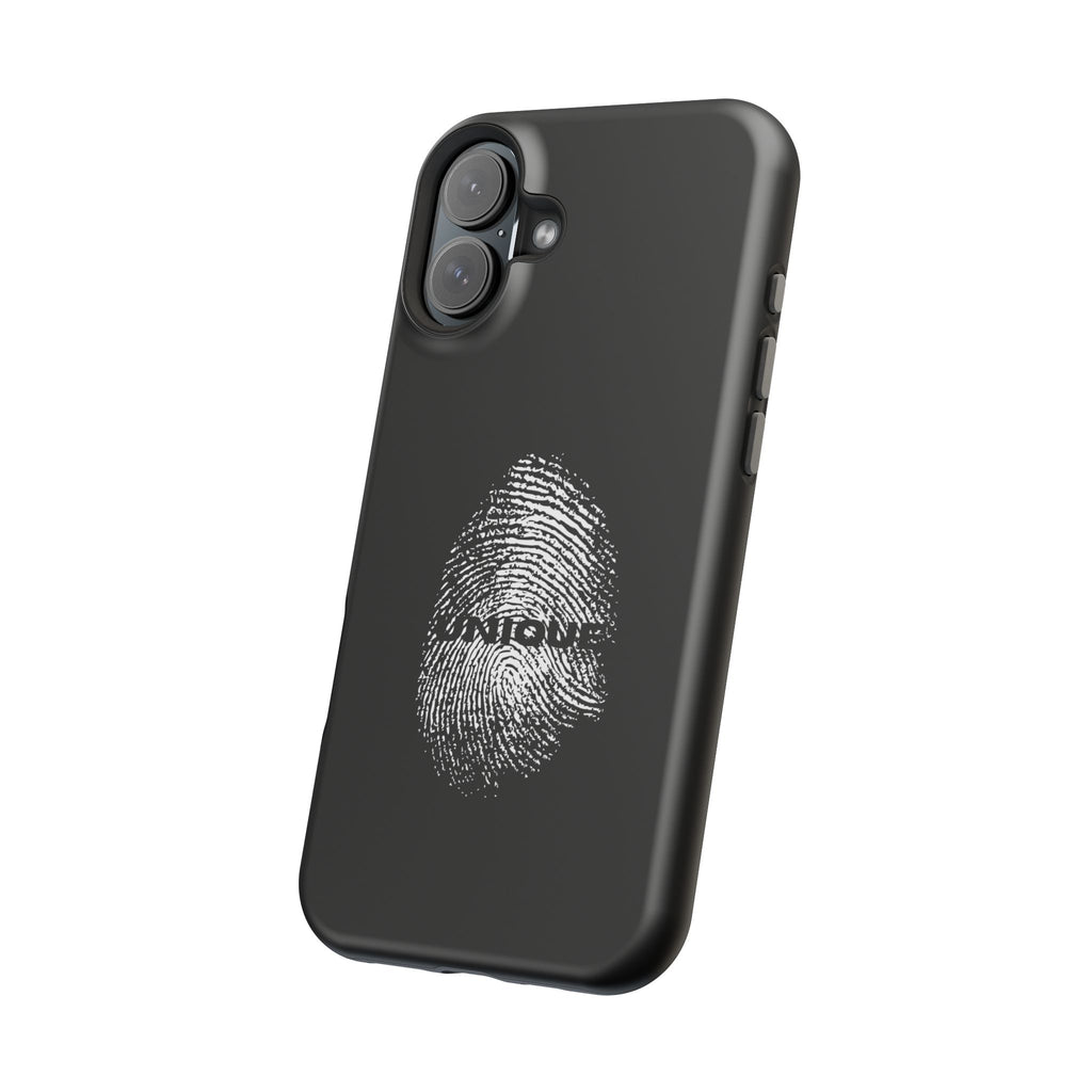 iPhone Case — Black Magnetic Impact-Resistant with Fingerprint Graphic & "Unique" Text