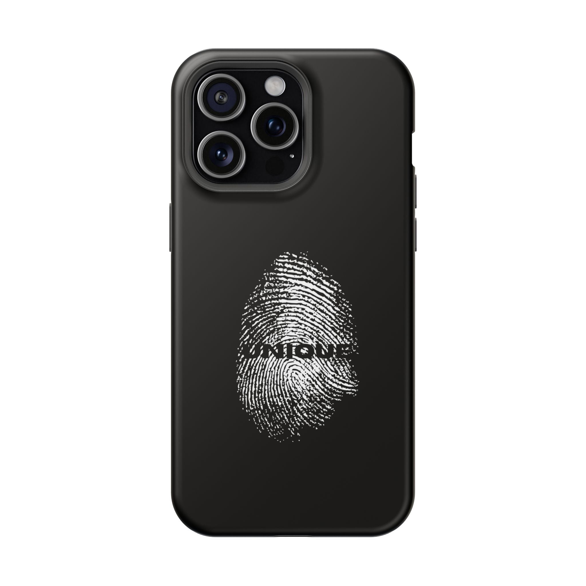 iPhone Case — Black Magnetic Impact-Resistant with Fingerprint Graphic & "Unique" Text