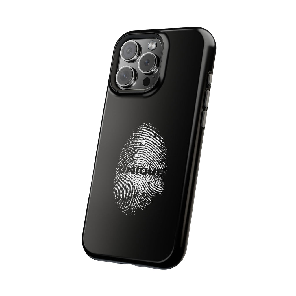 iPhone Case — Black Magnetic Impact-Resistant with Fingerprint Graphic & "Unique" Text