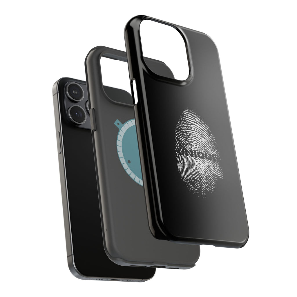 iPhone Case — Black Magnetic Impact-Resistant with Fingerprint Graphic & "Unique" Text