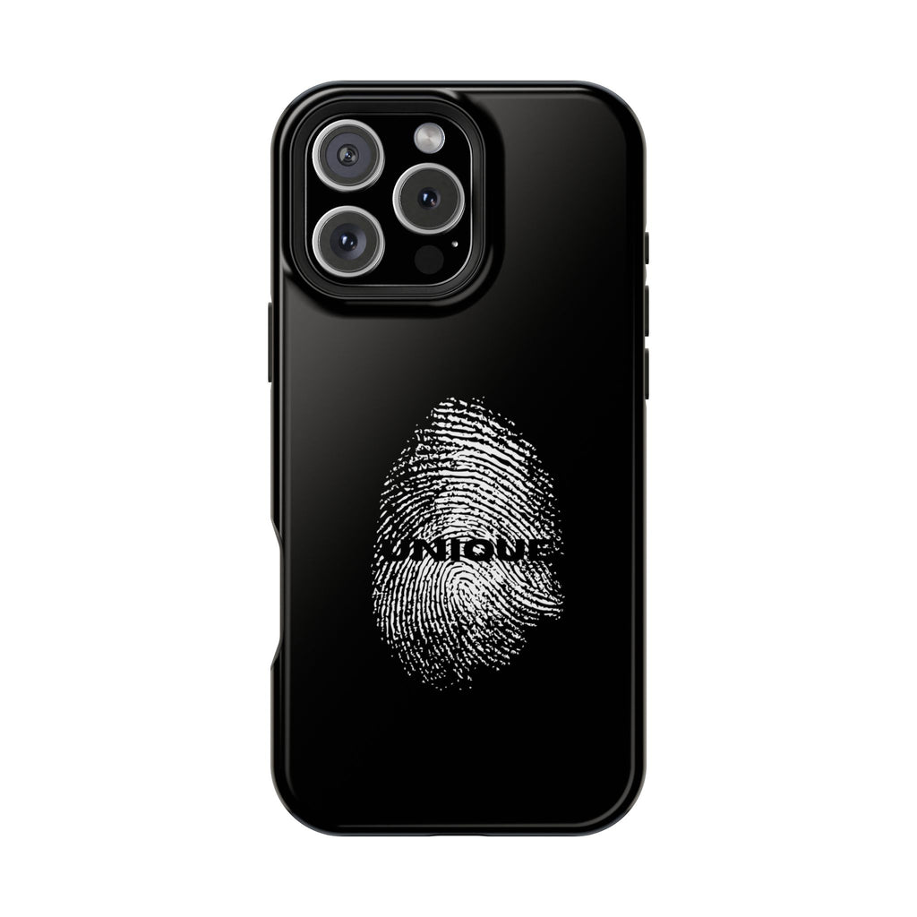 iPhone Case — Black Magnetic Impact-Resistant with Fingerprint Graphic & "Unique" Text