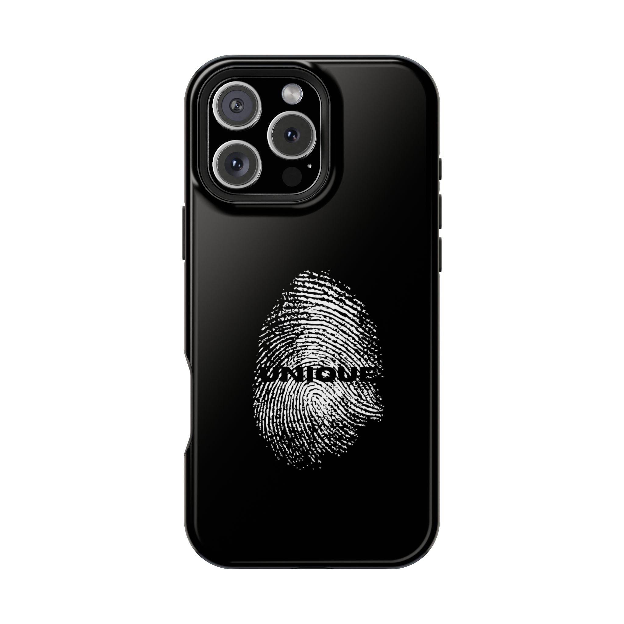 iPhone Case — Black Magnetic Impact-Resistant with Fingerprint Graphic & "Unique" Text