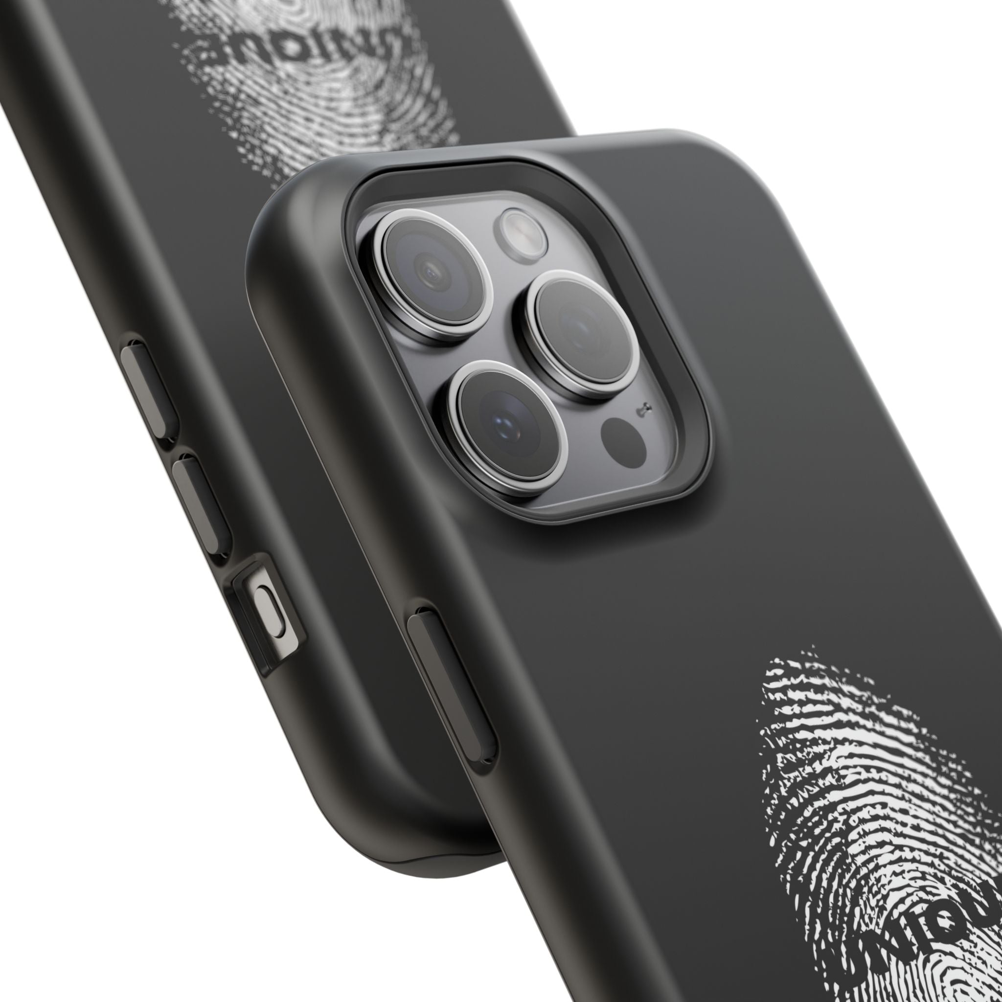 iPhone Case — Black Magnetic Impact-Resistant with Fingerprint Graphic & "Unique" Text