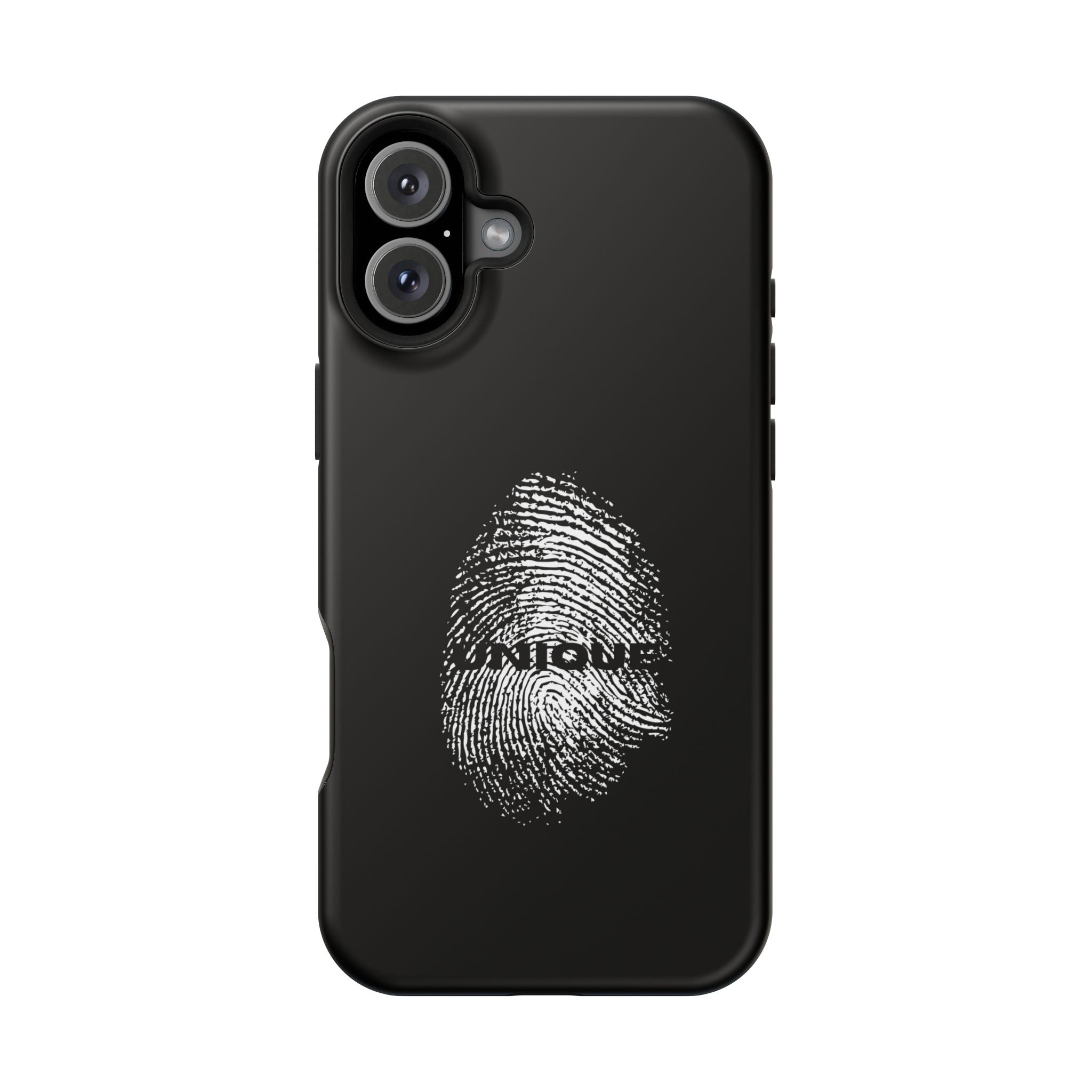 iPhone Case — Black Magnetic Impact-Resistant with Fingerprint Graphic & "Unique" Text