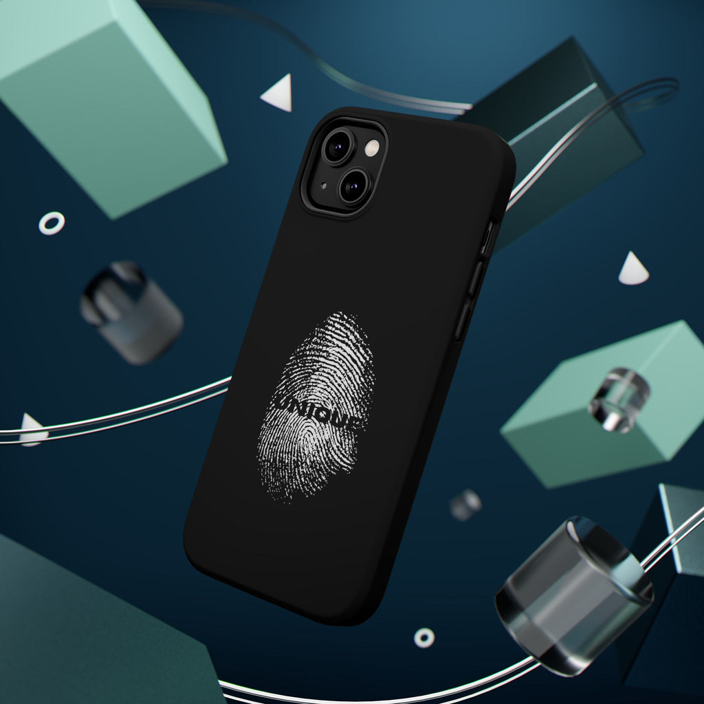 iPhone Case — Black Magnetic Impact-Resistant with Fingerprint Graphic & "Unique" Text