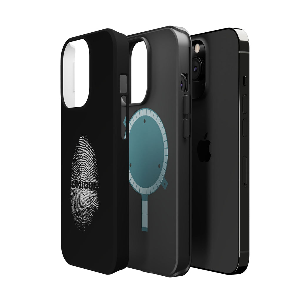 iPhone Case — Black Magnetic Impact-Resistant with Fingerprint Graphic & "Unique" Text
