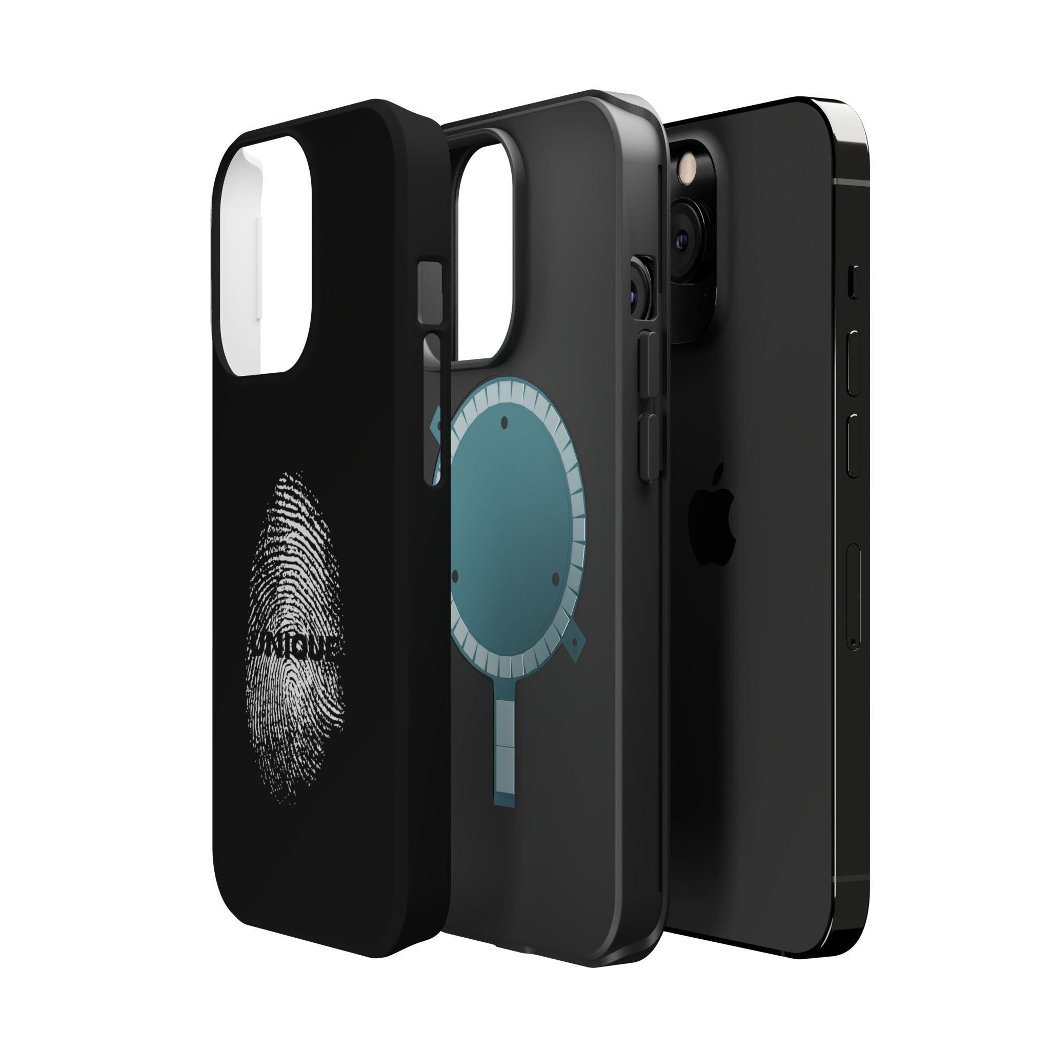 iPhone Case — Black Magnetic Impact-Resistant with Fingerprint Graphic & "Unique" Text