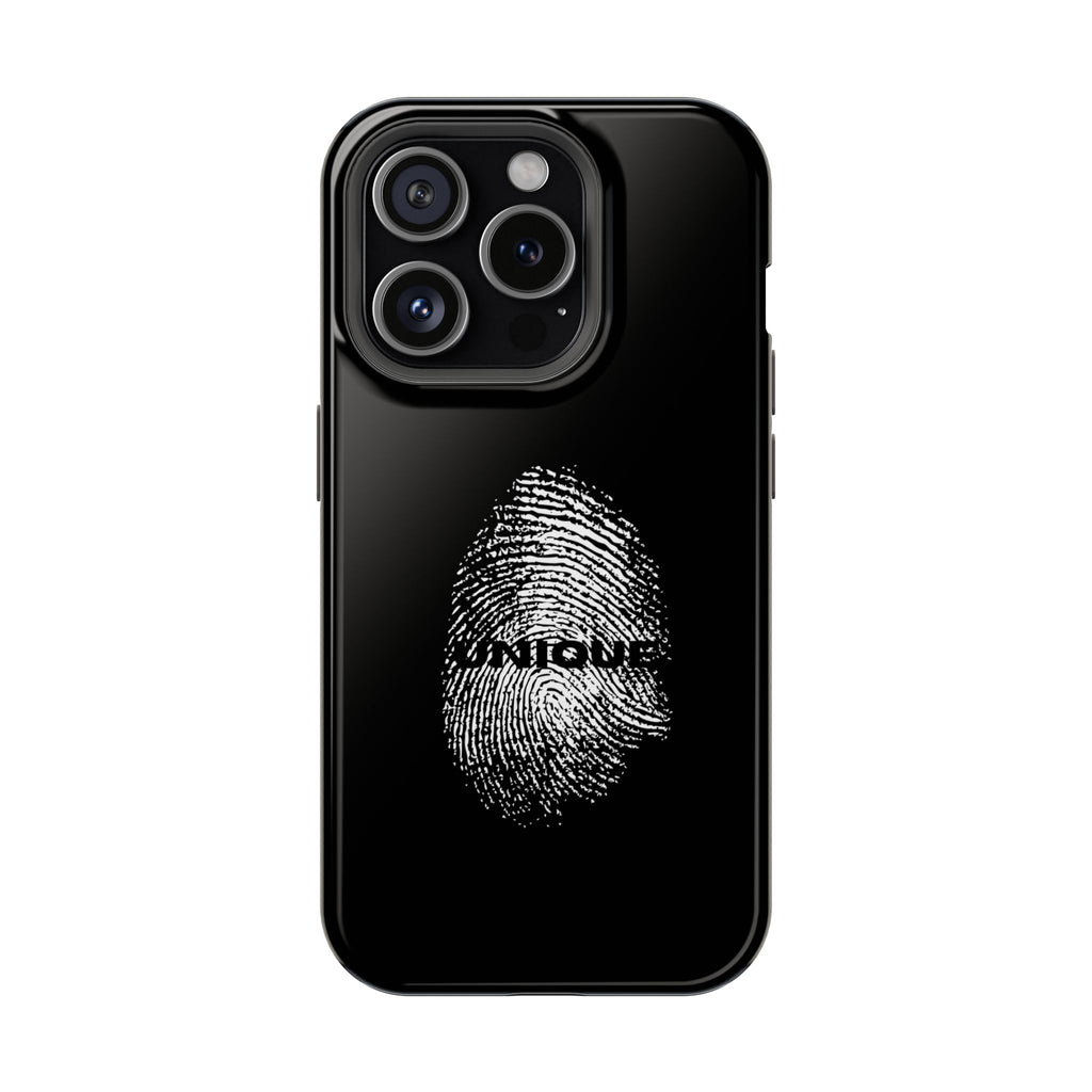 iPhone Case — Black Magnetic Impact-Resistant with Fingerprint Graphic & "Unique" Text