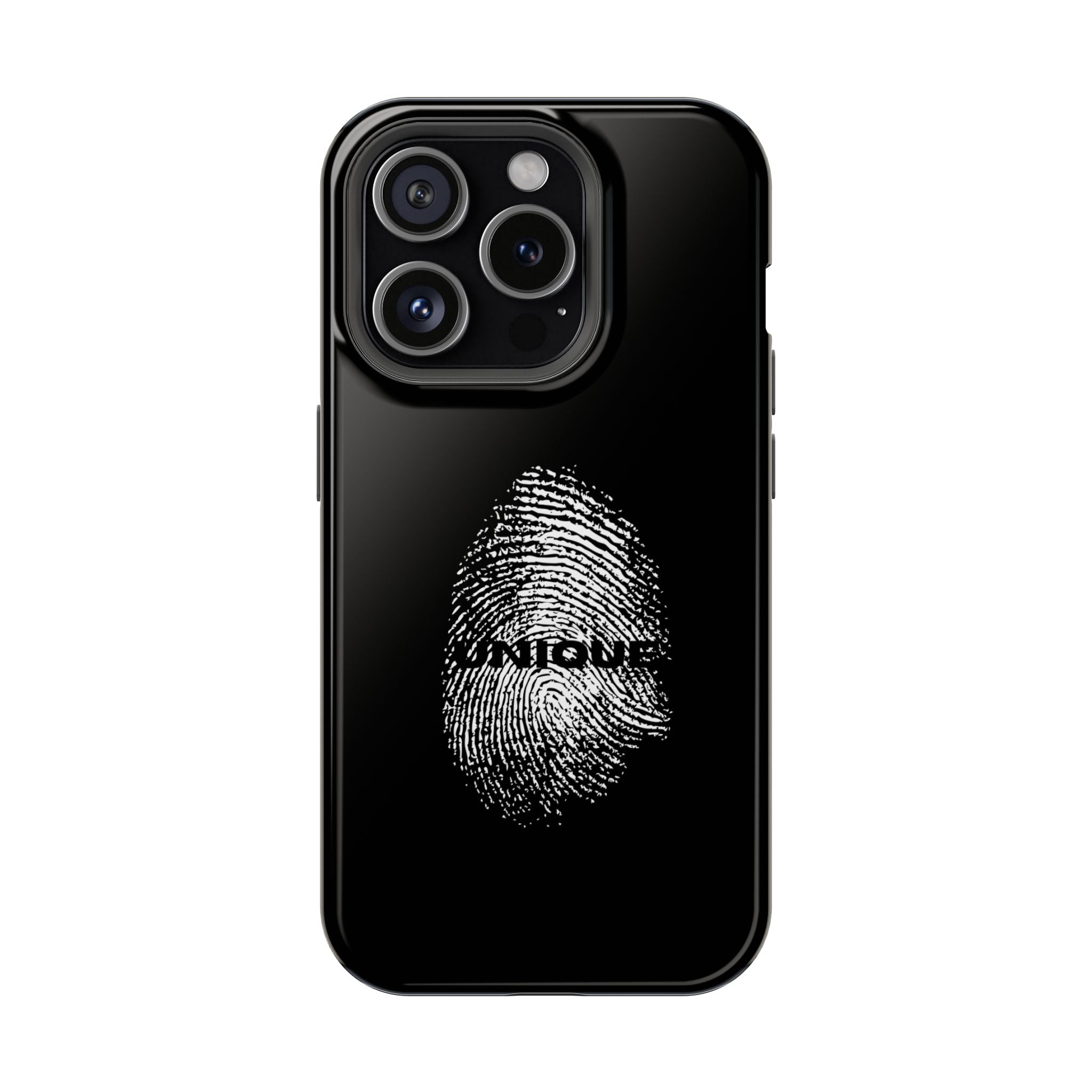 iPhone Case — Black Magnetic Impact-Resistant with Fingerprint Graphic & "Unique" Text