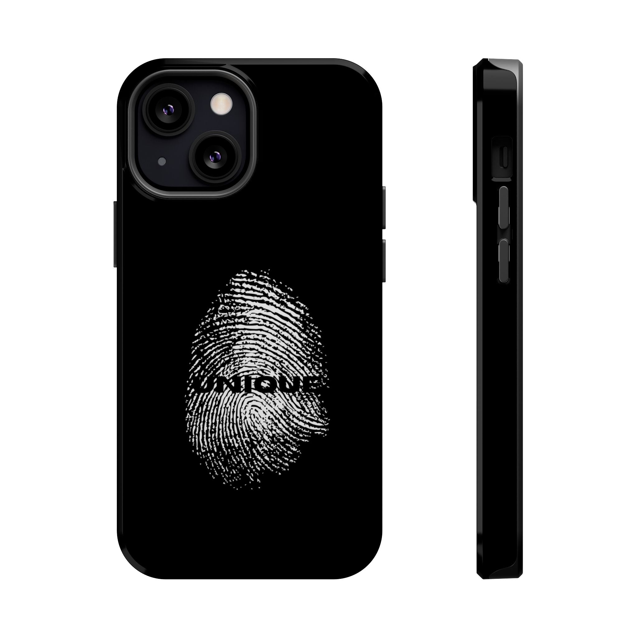 iPhone Case — Black Magnetic Impact-Resistant with Fingerprint Graphic & "Unique" Text