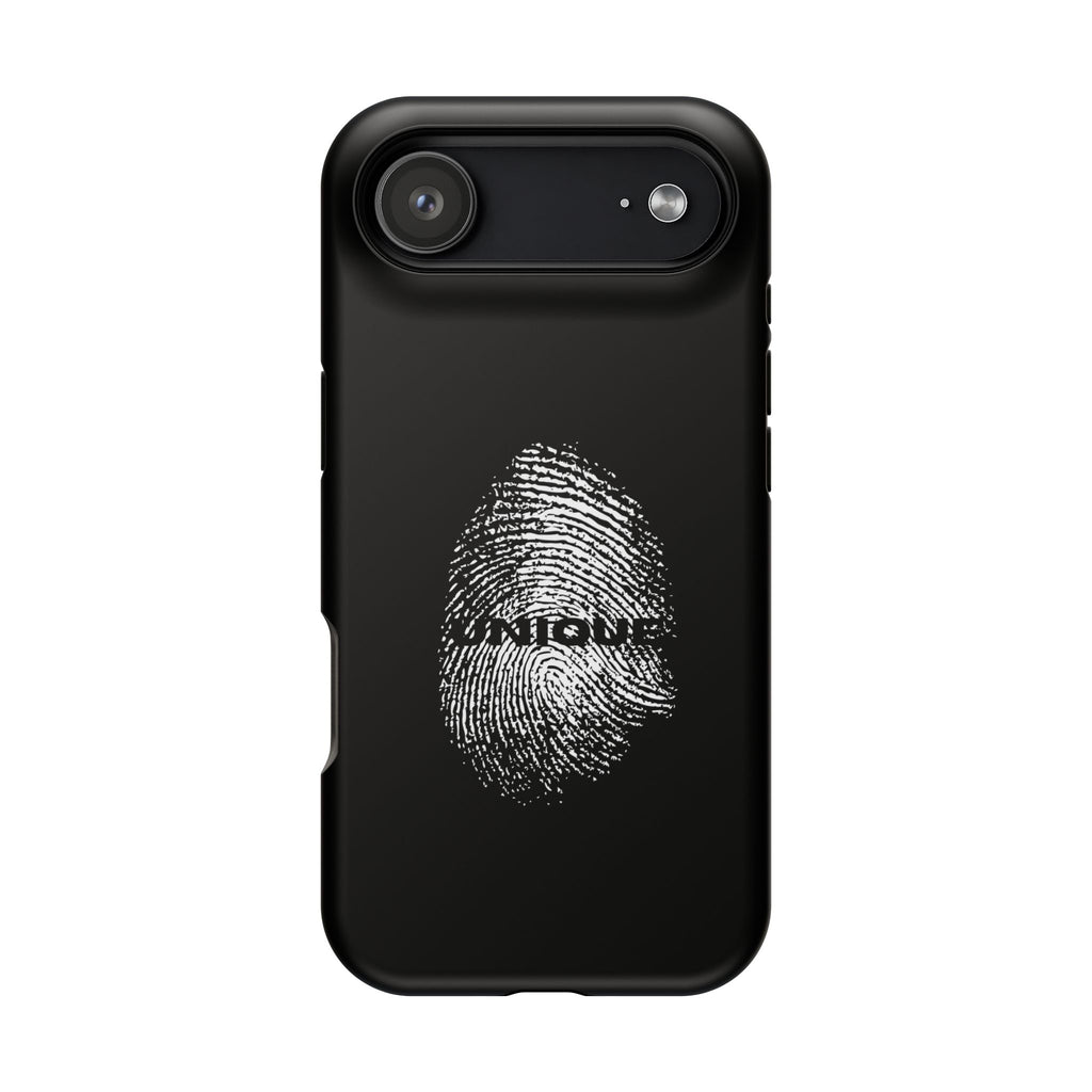 iPhone Case — Black Magnetic Impact-Resistant with Fingerprint Graphic & "Unique" Text