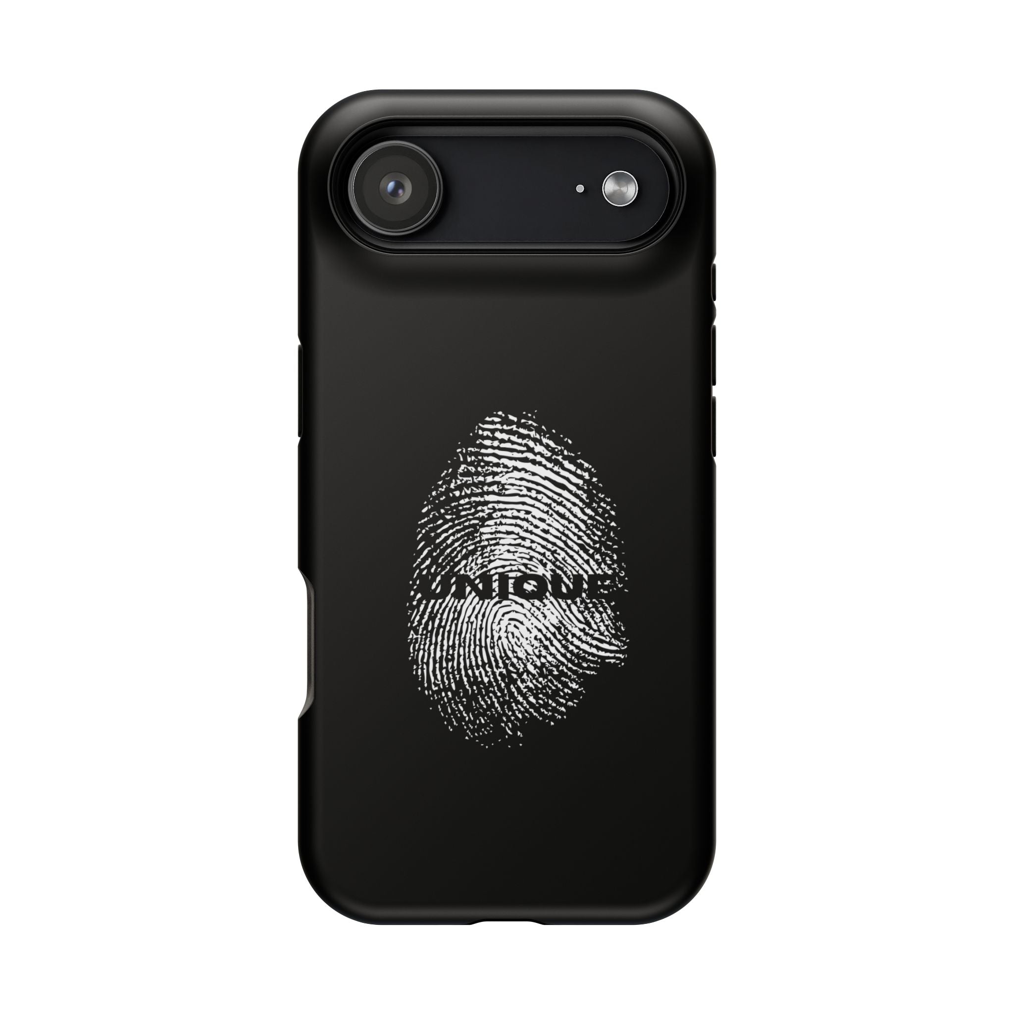 iPhone Case — Black Magnetic Impact-Resistant with Fingerprint Graphic & "Unique" Text