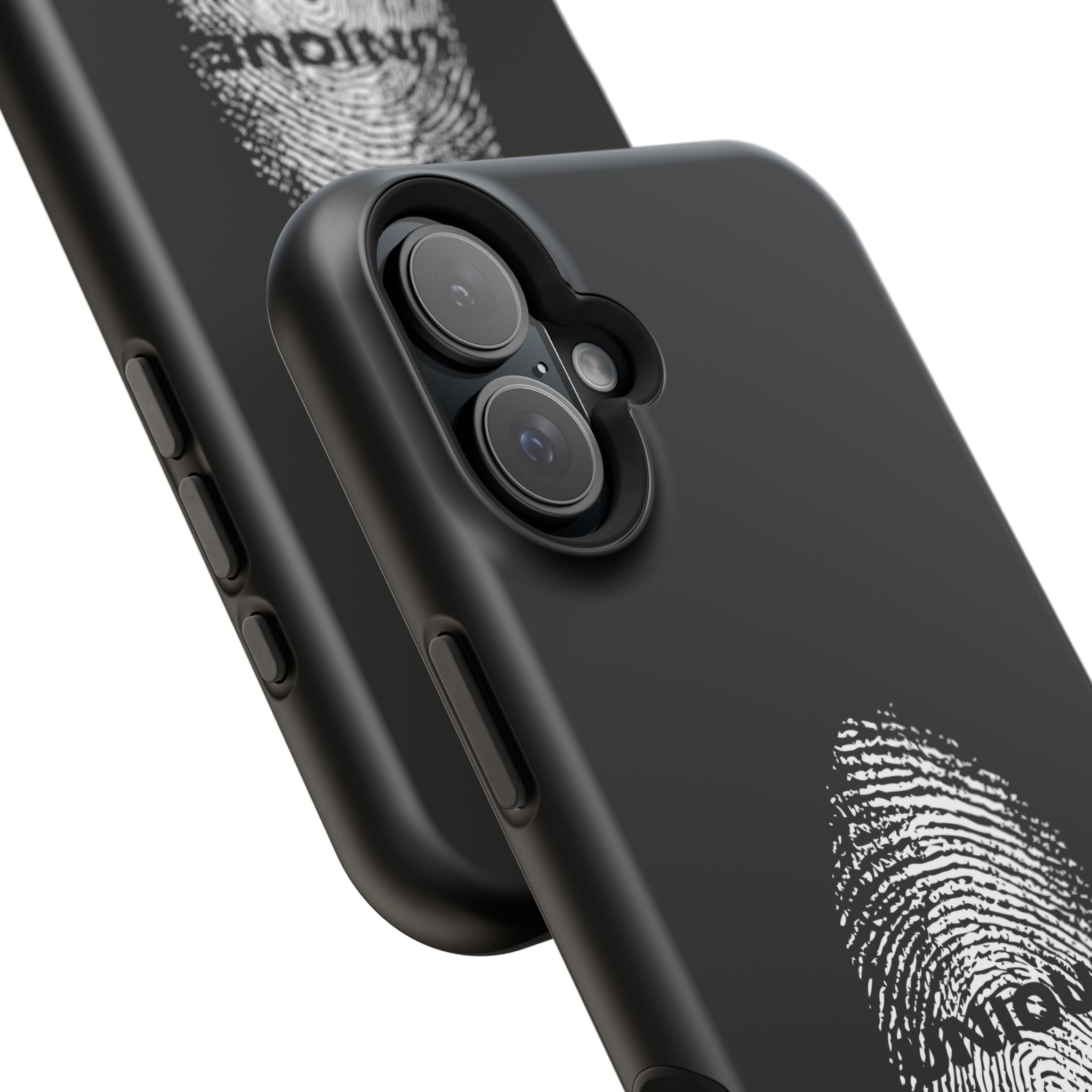 iPhone Case — Black Magnetic Impact-Resistant with Fingerprint Graphic & "Unique" Text