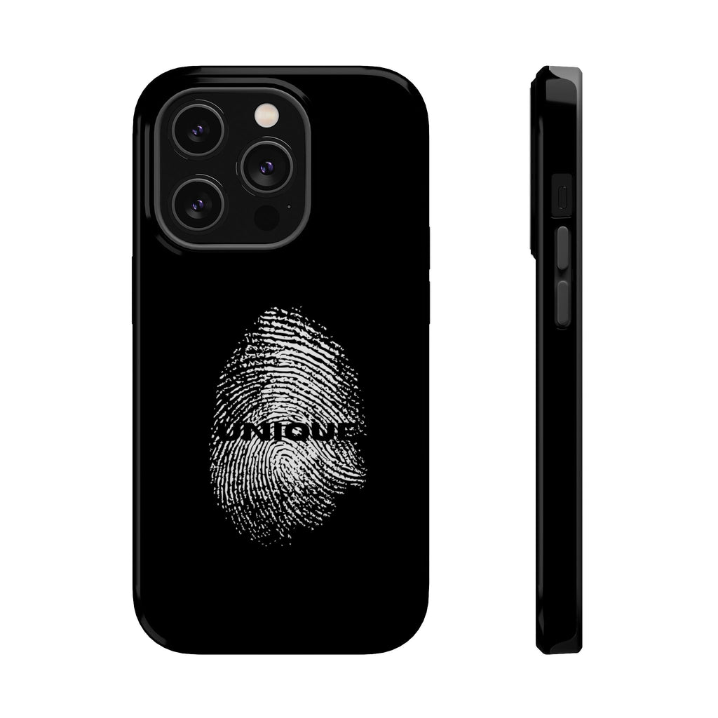 iPhone Case — Black Magnetic Impact-Resistant with Fingerprint Graphic & "Unique" Text