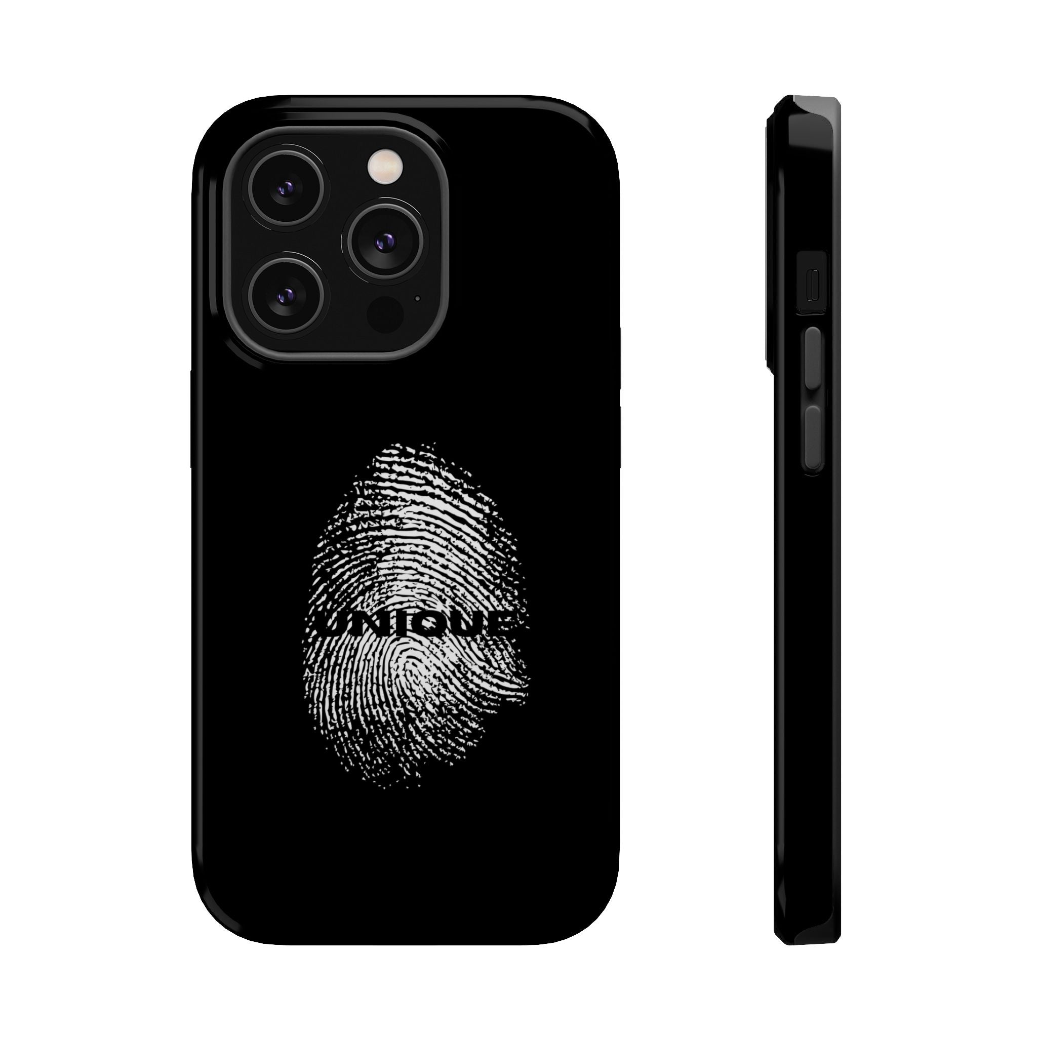 iPhone Case — Black Magnetic Impact-Resistant with Fingerprint Graphic & "Unique" Text