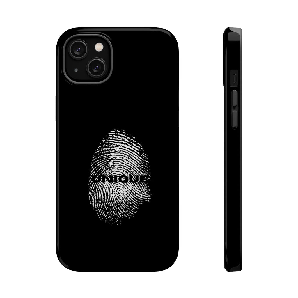 iPhone Case — Black Magnetic Impact-Resistant with Fingerprint Graphic & "Unique" Text