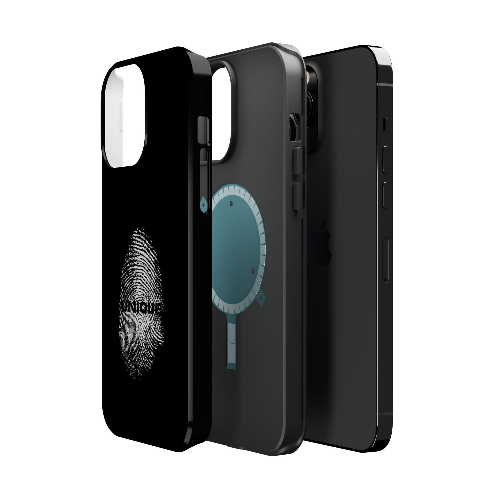 iPhone Case — Black Magnetic Impact-Resistant with Fingerprint Graphic & "Unique" Text