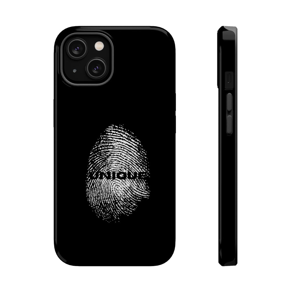 iPhone Case — Black Magnetic Impact-Resistant with Fingerprint Graphic & "Unique" Text