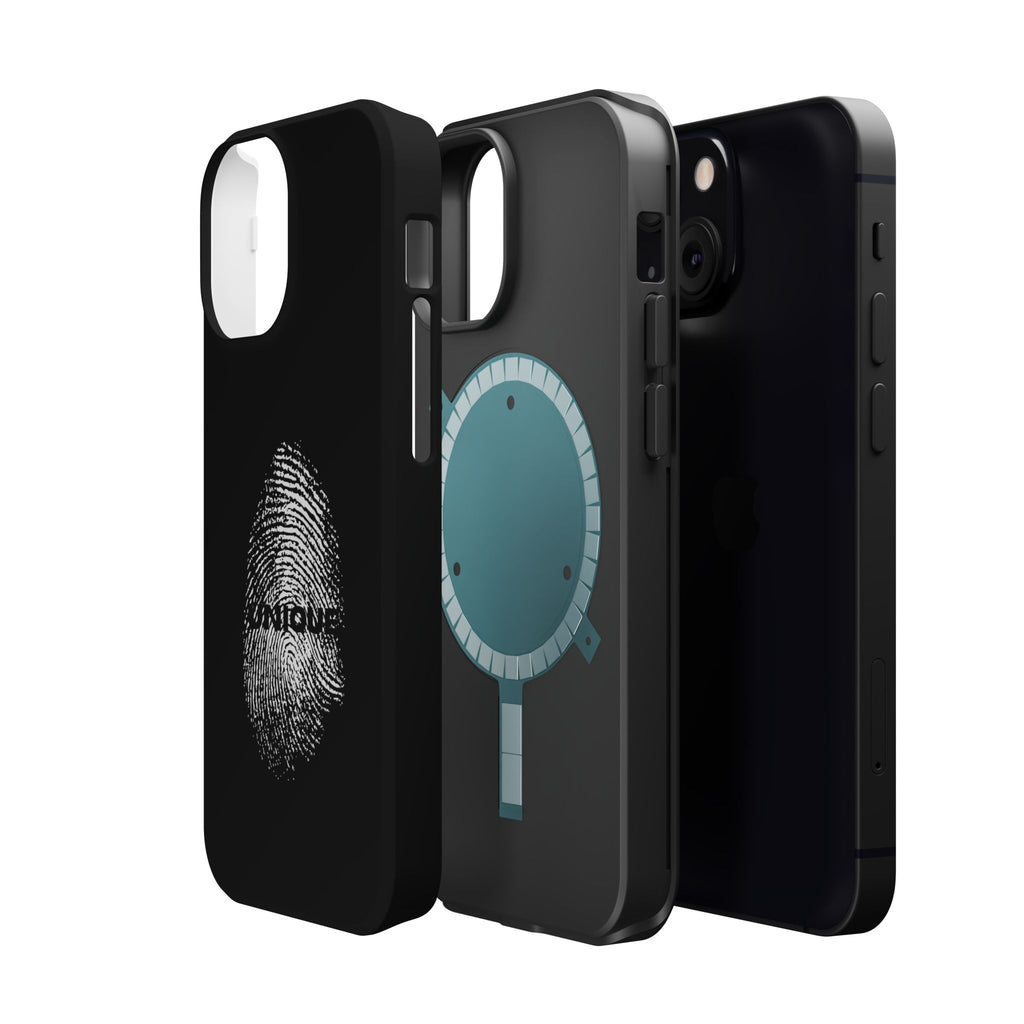 iPhone Case — Black Magnetic Impact-Resistant with Fingerprint Graphic & "Unique" Text