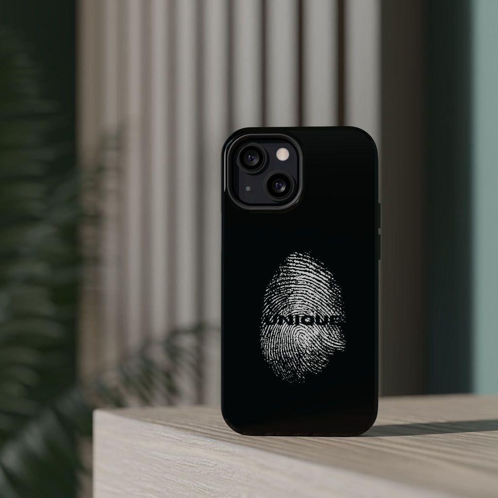 iPhone Case — Black Magnetic Impact-Resistant with Fingerprint Graphic & "Unique" Text