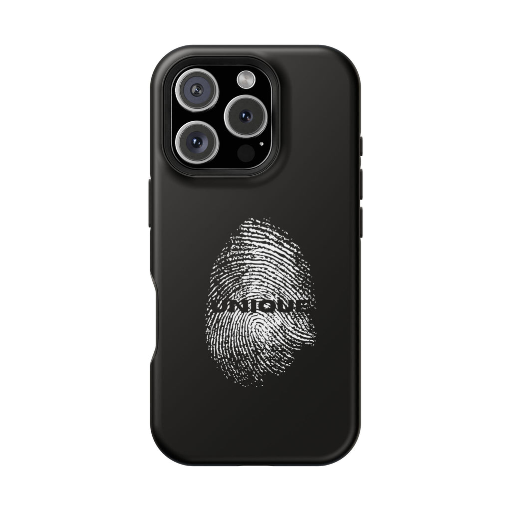 iPhone Case — Black Magnetic Impact-Resistant with Fingerprint Graphic & "Unique" Text