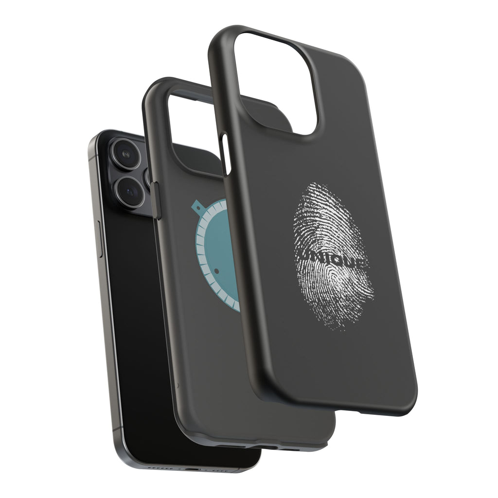 iPhone Case — Black Magnetic Impact-Resistant with Fingerprint Graphic & "Unique" Text