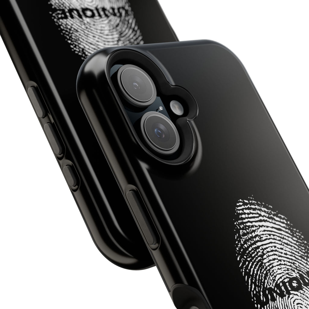 iPhone Case — Black Magnetic Impact-Resistant with Fingerprint Graphic & "Unique" Text
