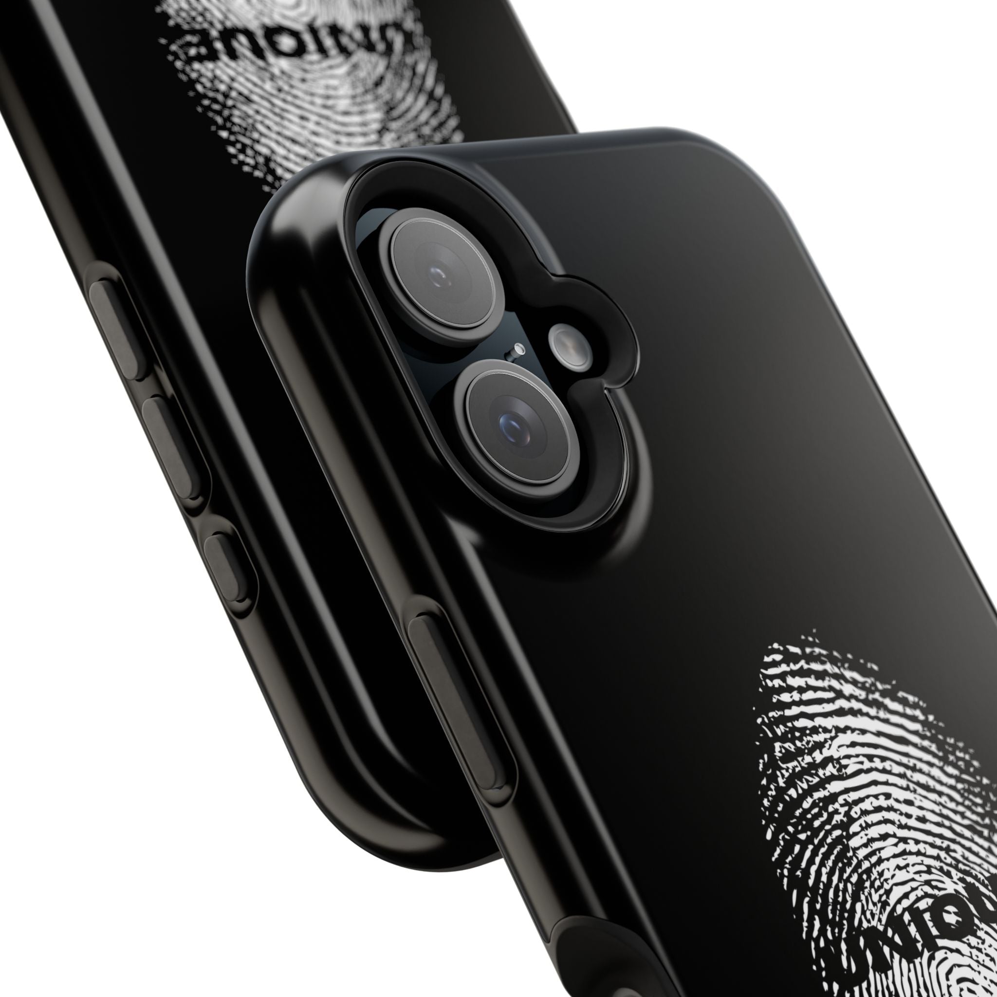 iPhone Case — Black Magnetic Impact-Resistant with Fingerprint Graphic & "Unique" Text