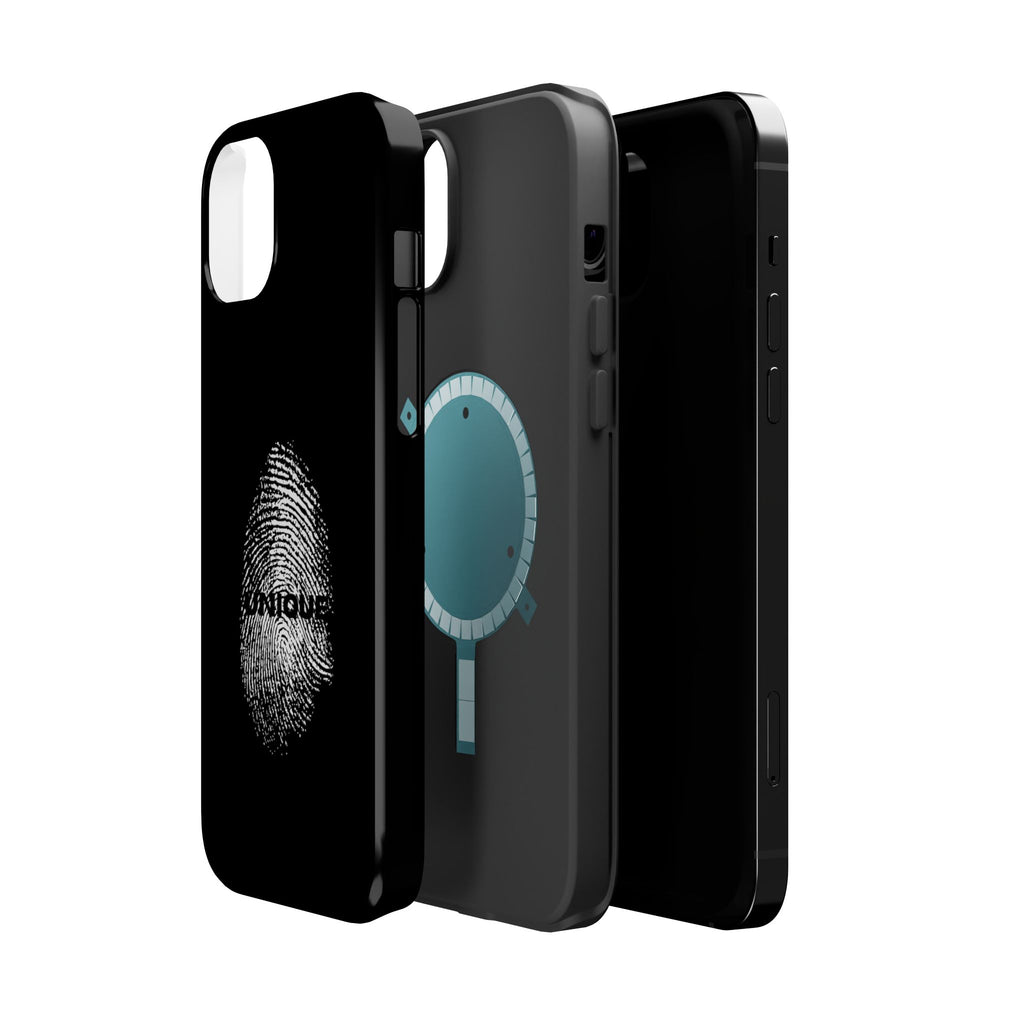 iPhone Case — Black Magnetic Impact-Resistant with Fingerprint Graphic & "Unique" Text