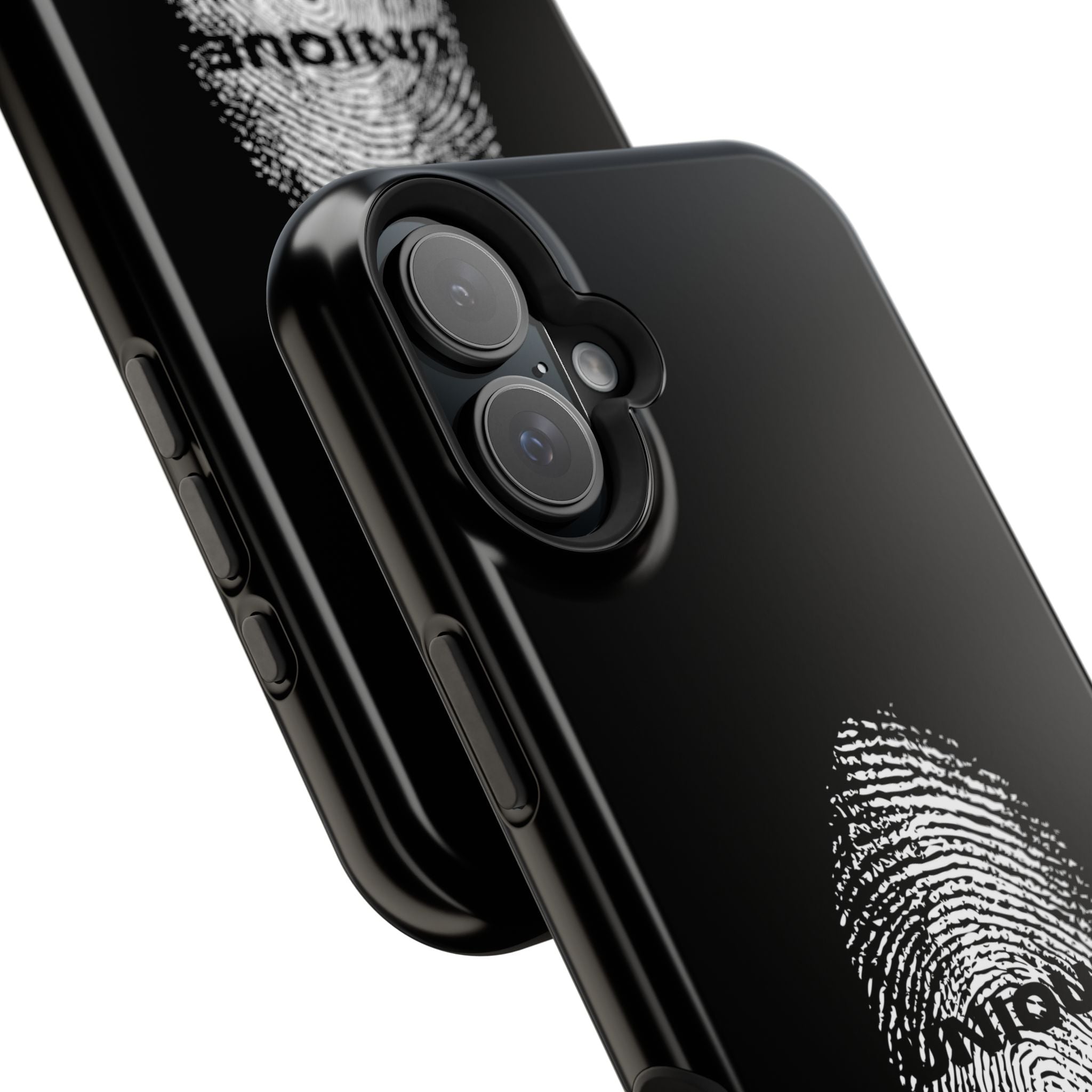 iPhone Case — Black Magnetic Impact-Resistant with Fingerprint Graphic & "Unique" Text