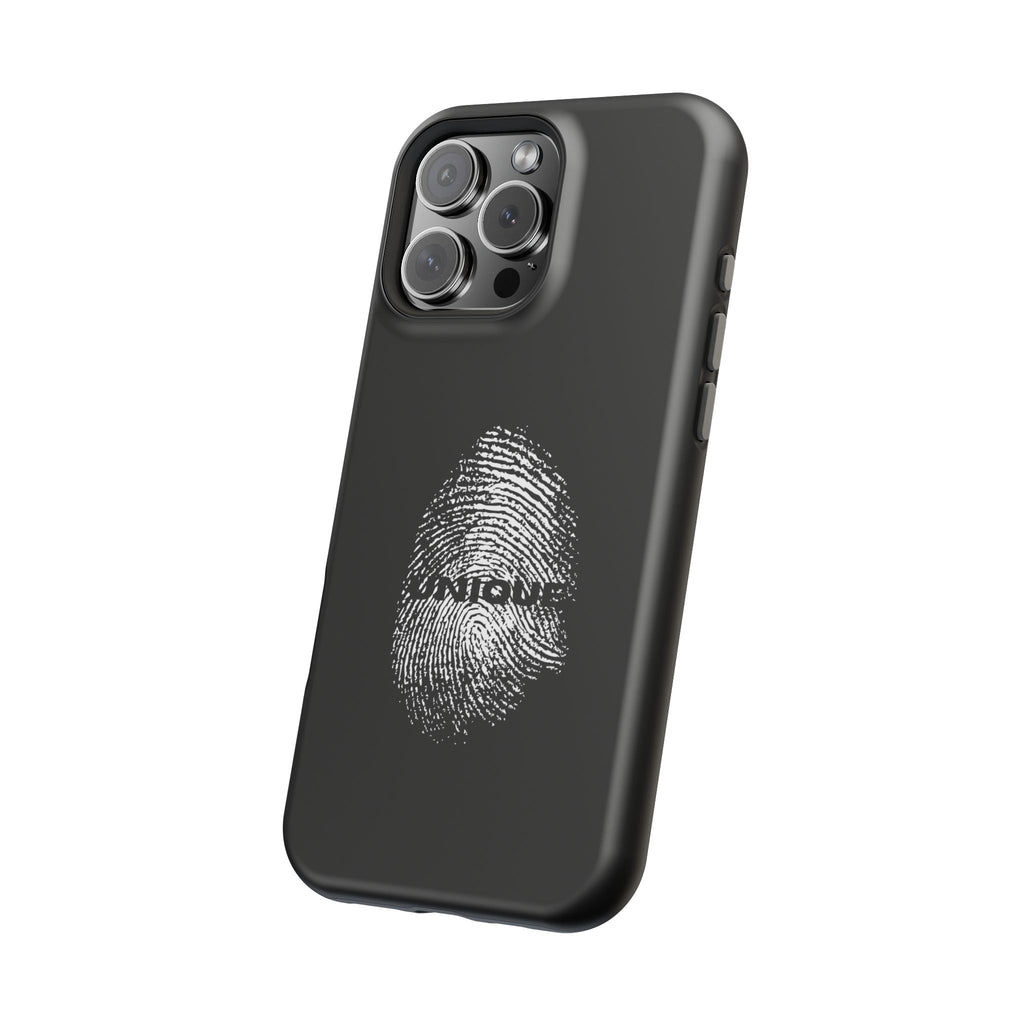 iPhone Case — Black Magnetic Impact-Resistant with Fingerprint Graphic & "Unique" Text