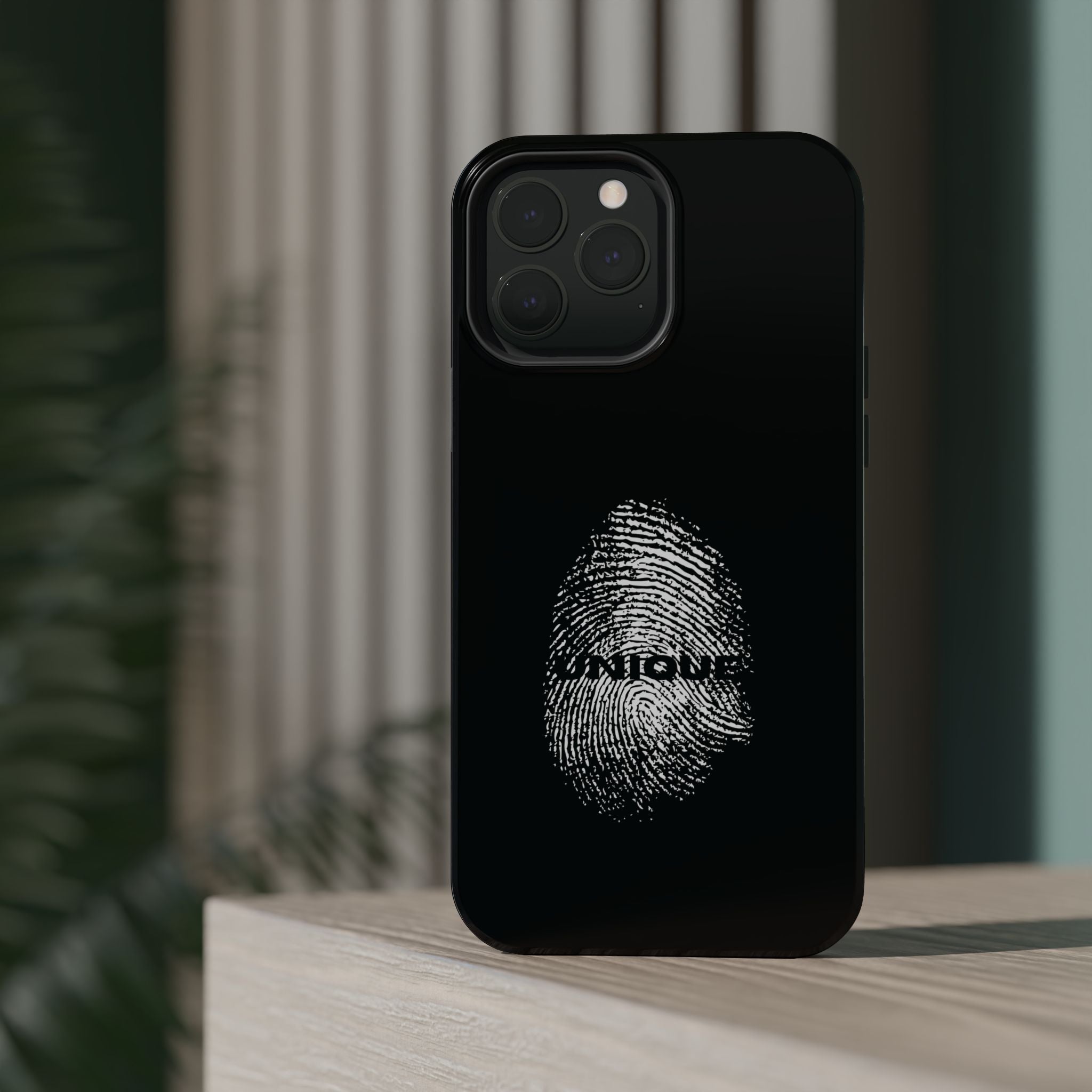 iPhone Case — Black Magnetic Impact-Resistant with Fingerprint Graphic & "Unique" Text
