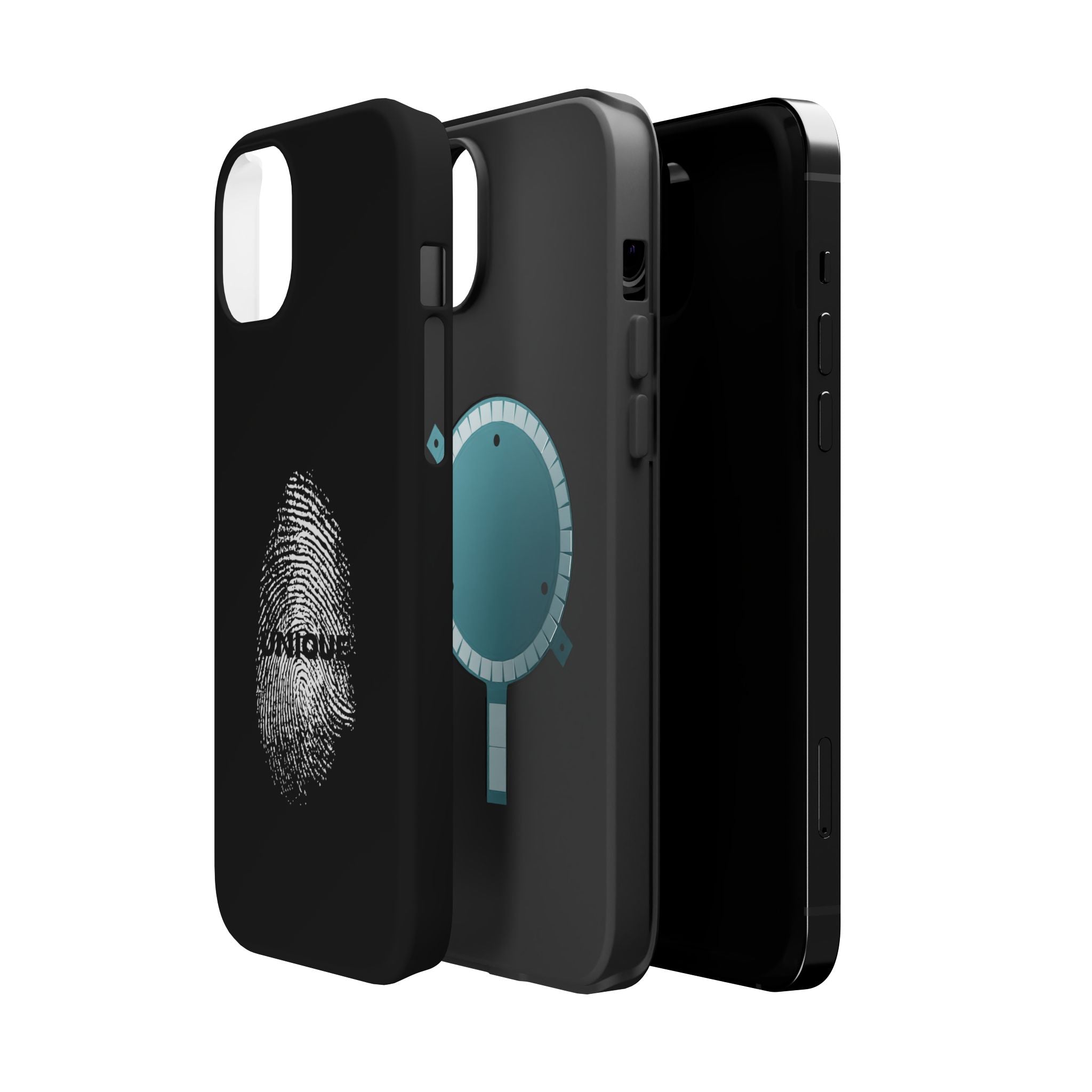 iPhone Case — Black Magnetic Impact-Resistant with Fingerprint Graphic & "Unique" Text