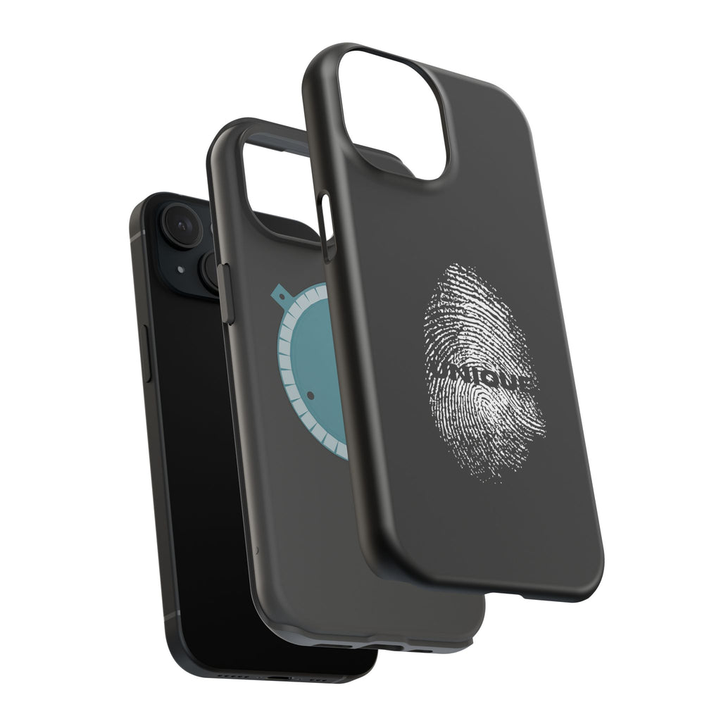 iPhone Case — Black Magnetic Impact-Resistant with Fingerprint Graphic & "Unique" Text