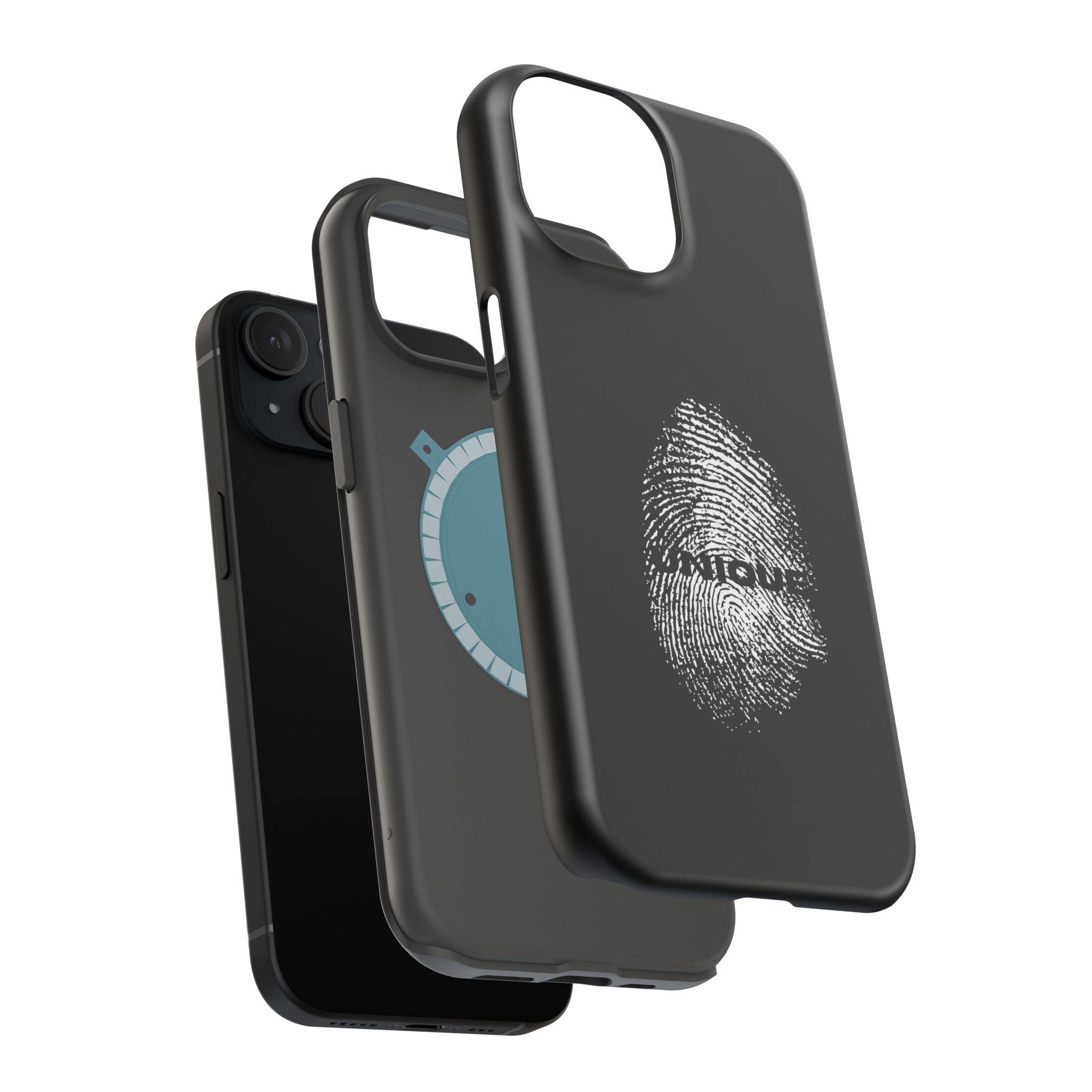 iPhone Case — Black Magnetic Impact-Resistant with Fingerprint Graphic & "Unique" Text