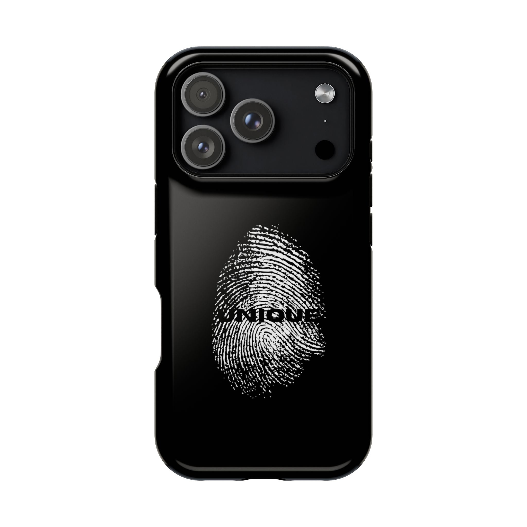 iPhone Case — Black Magnetic Impact-Resistant with Fingerprint Graphic & "Unique" Text