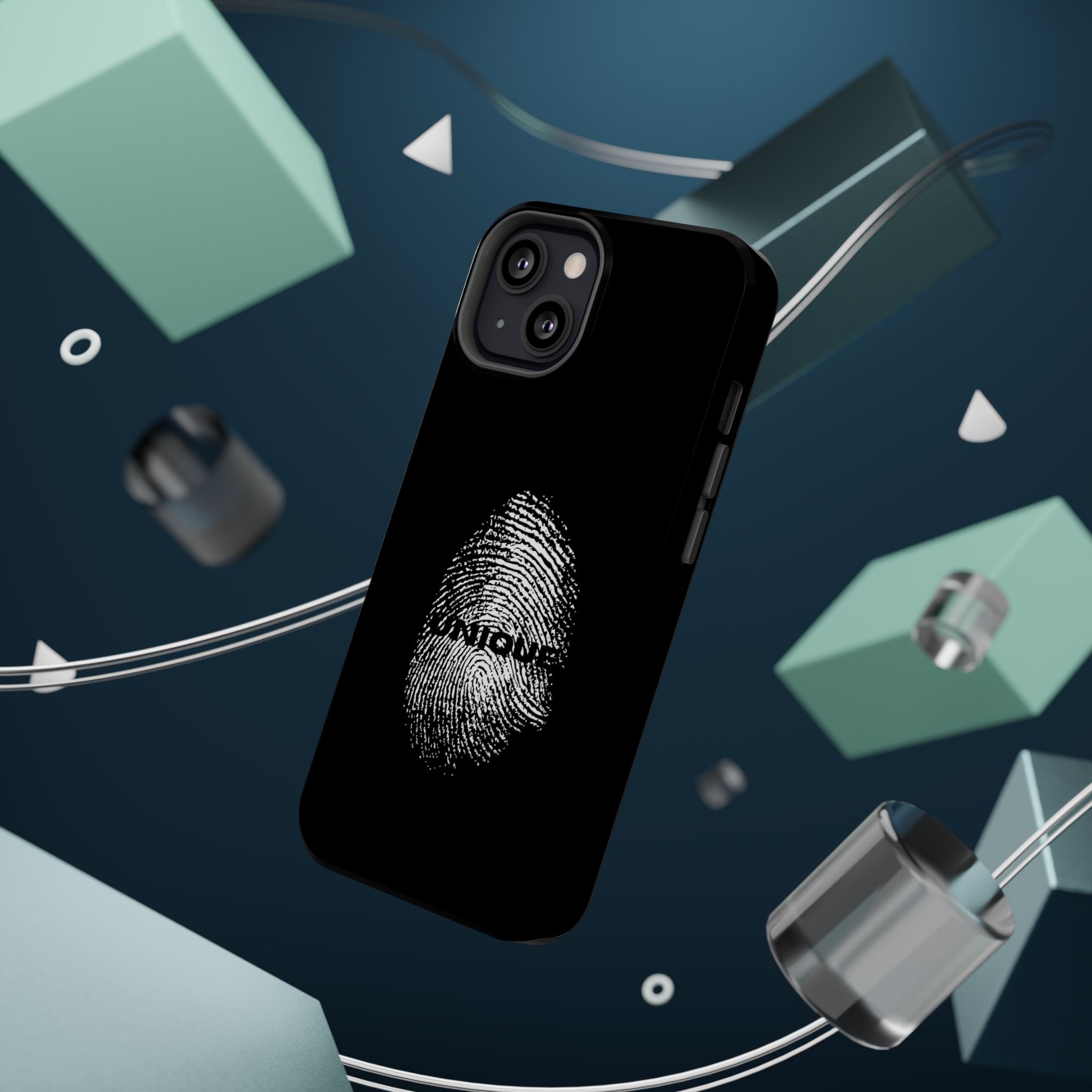 iPhone Case — Black Magnetic Impact-Resistant with Fingerprint Graphic & "Unique" Text