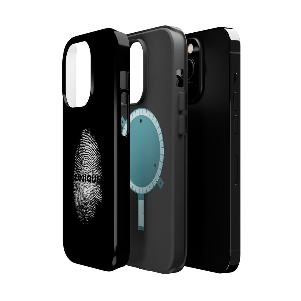 iPhone Case — Black Magnetic Impact-Resistant with Fingerprint Graphic & "Unique" Text