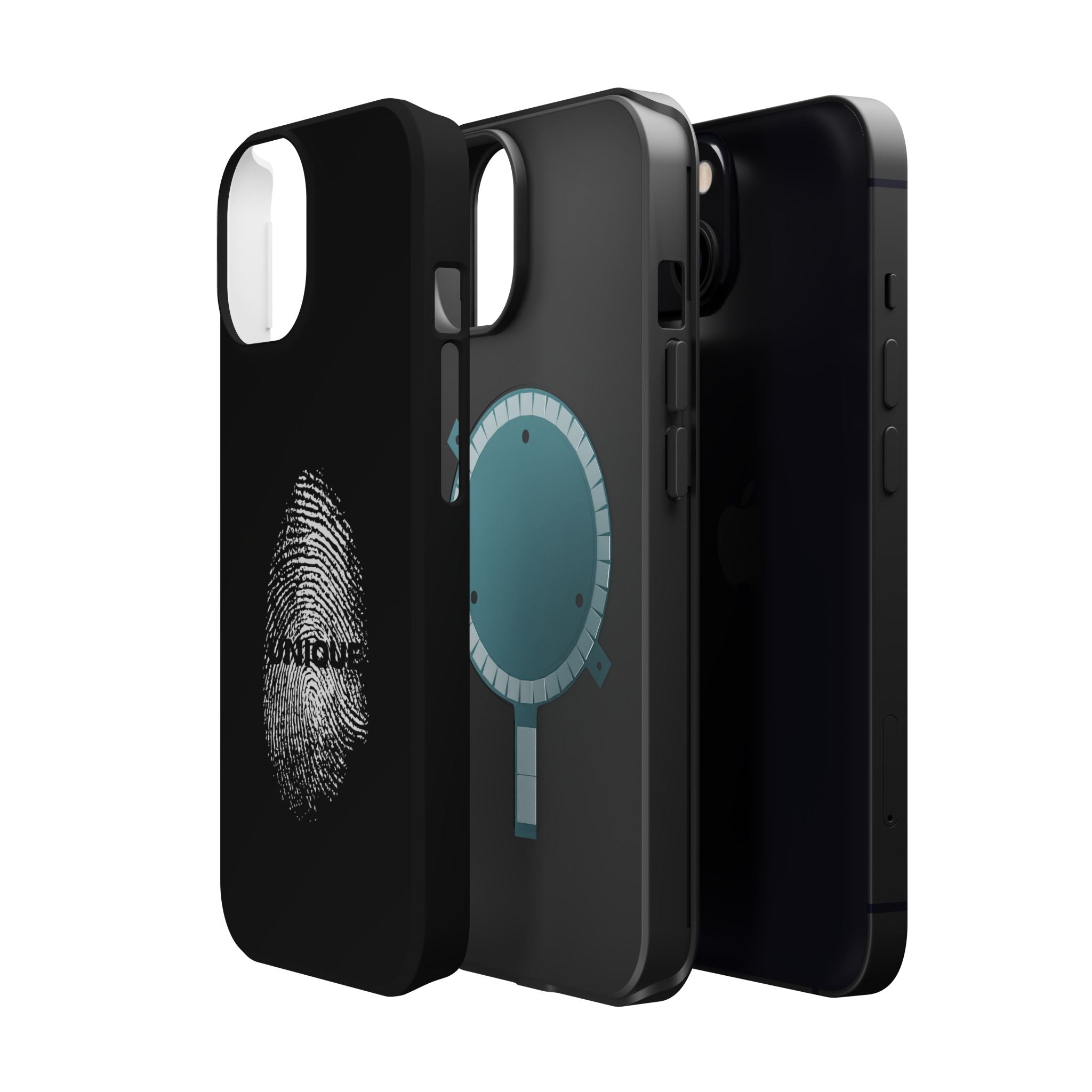 iPhone Case — Black Magnetic Impact-Resistant with Fingerprint Graphic & "Unique" Text