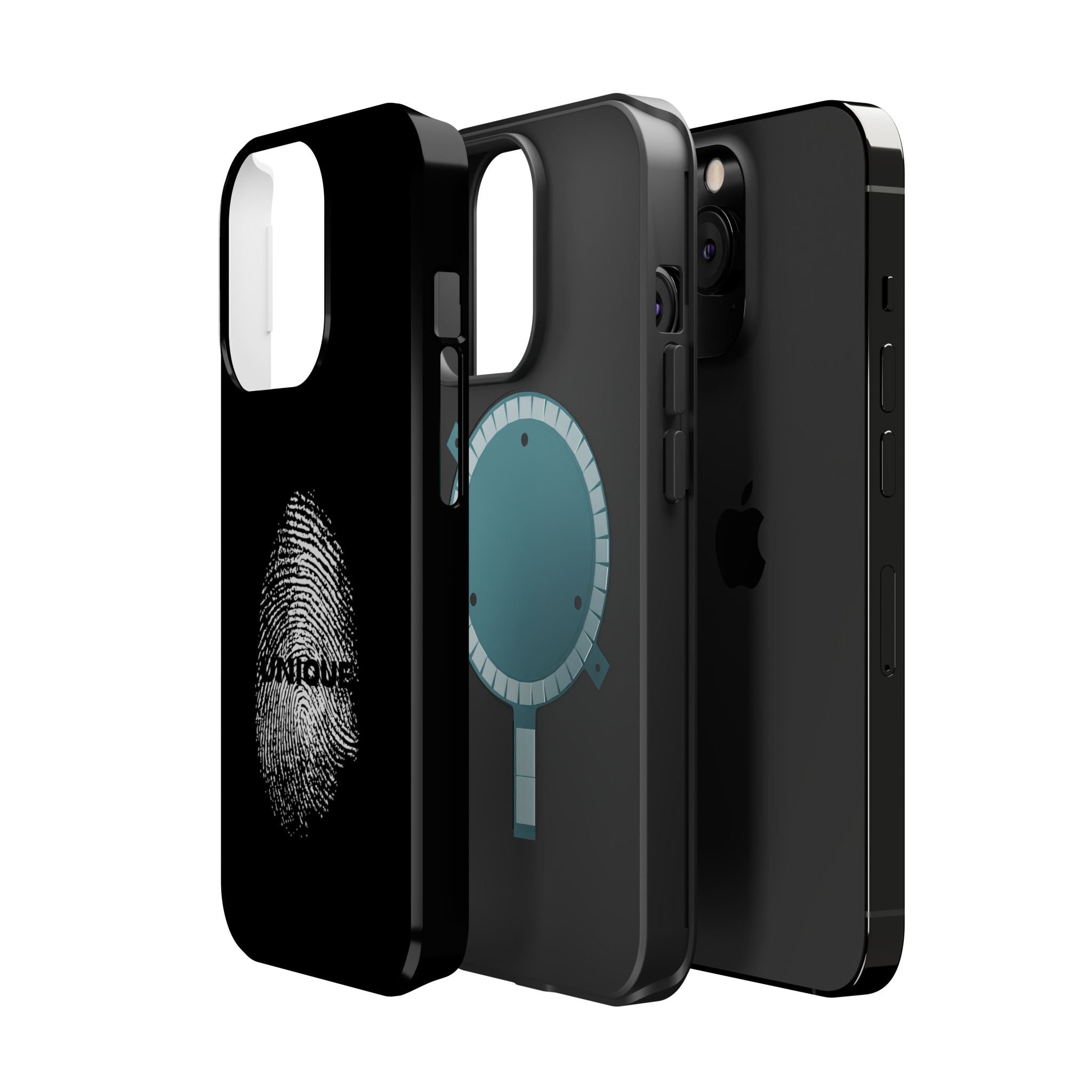iPhone Case — Black Magnetic Impact-Resistant with Fingerprint Graphic & "Unique" Text