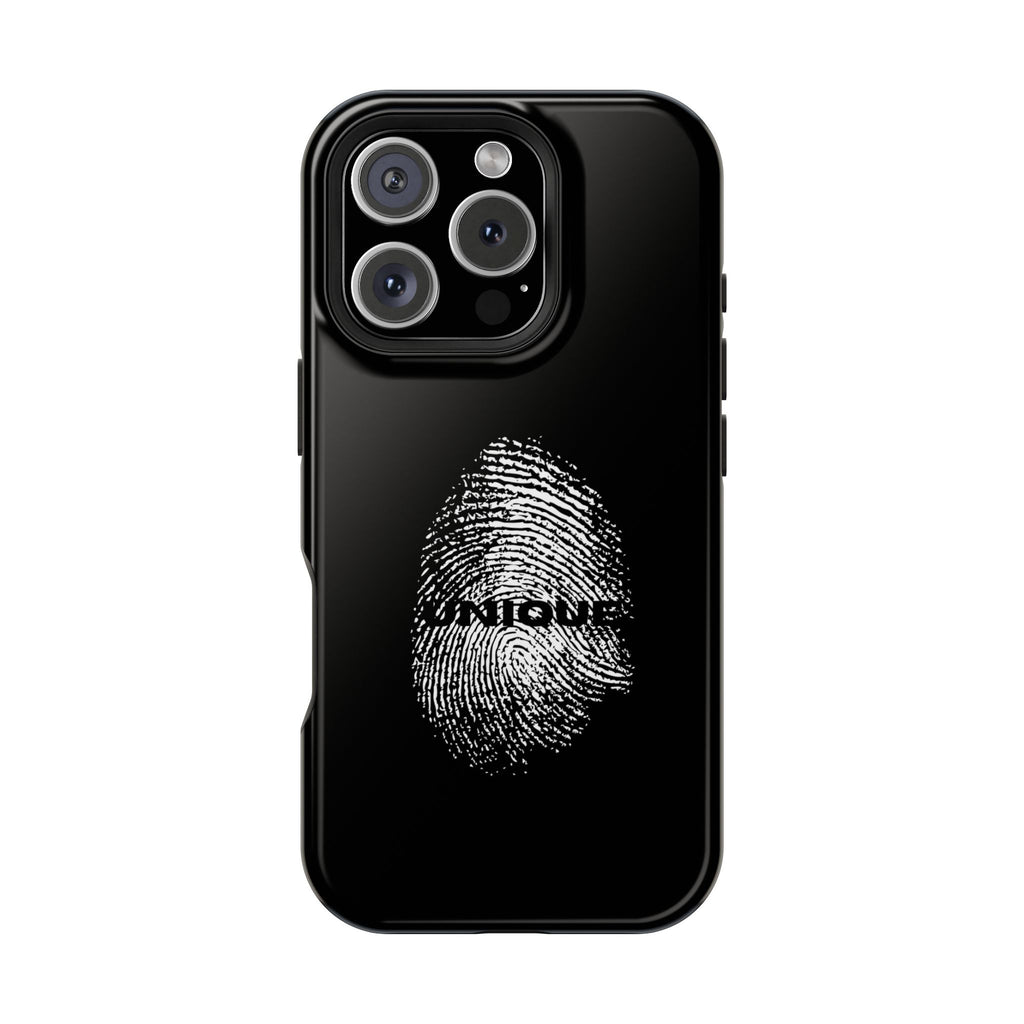 iPhone Case — Black Magnetic Impact-Resistant with Fingerprint Graphic & "Unique" Text