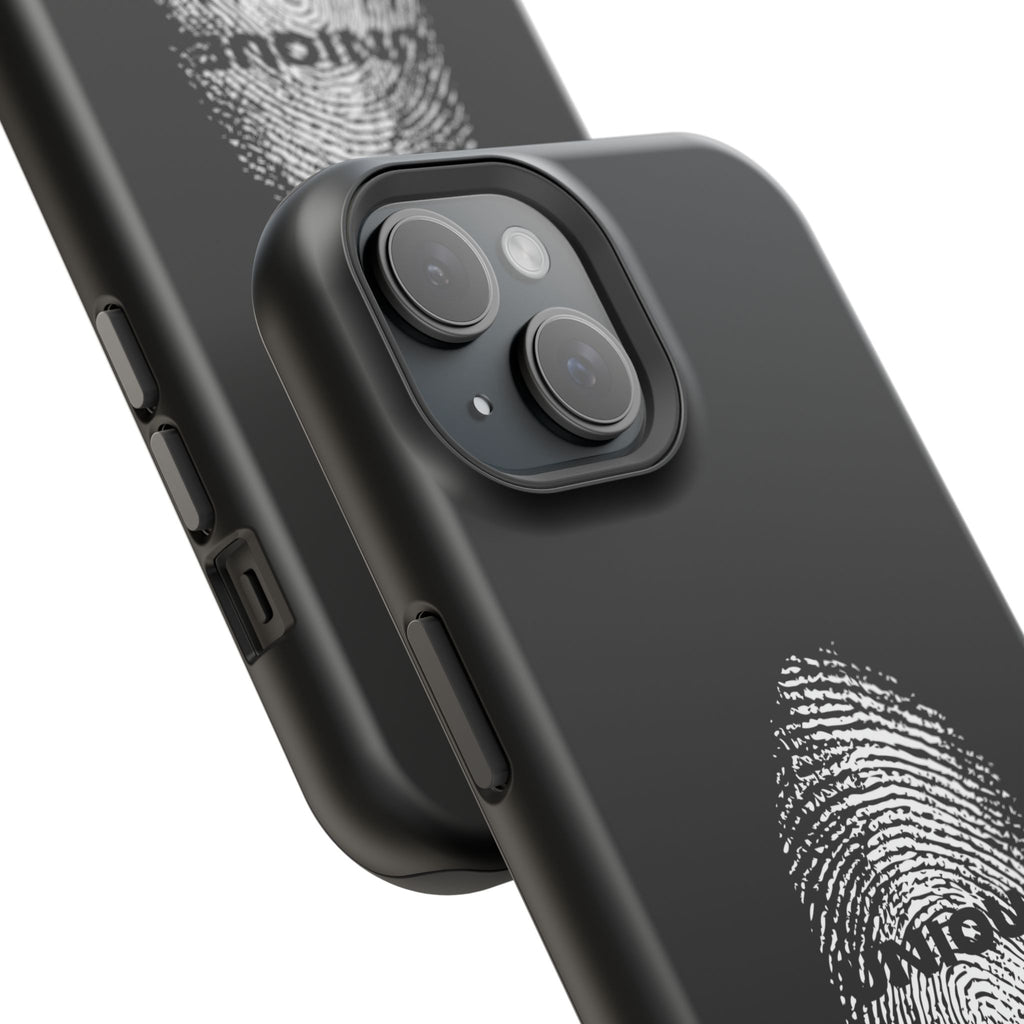 iPhone Case — Black Magnetic Impact-Resistant with Fingerprint Graphic & "Unique" Text