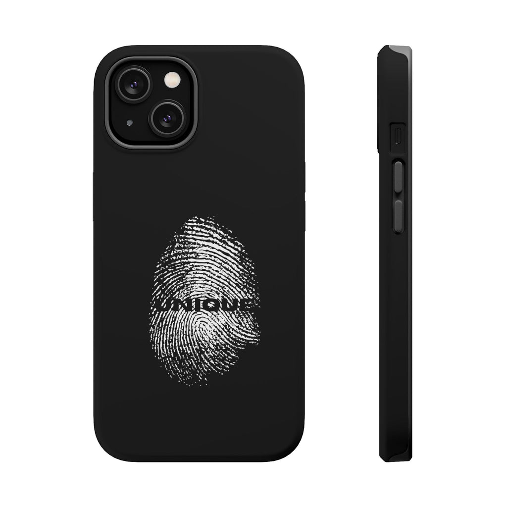 iPhone Case — Black Magnetic Impact-Resistant with Fingerprint Graphic & "Unique" Text